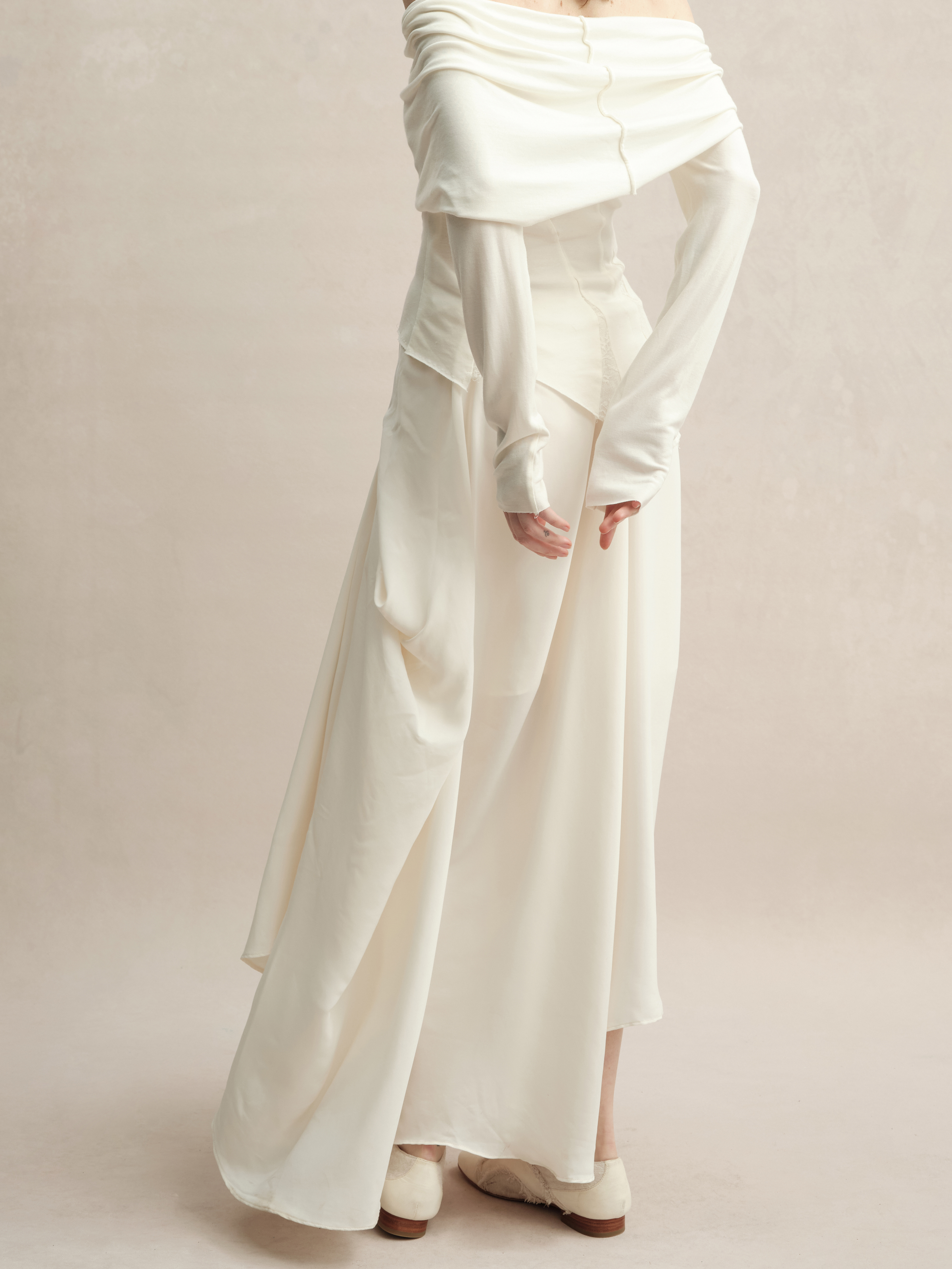 White Drape Mid-Length Skirt With Button