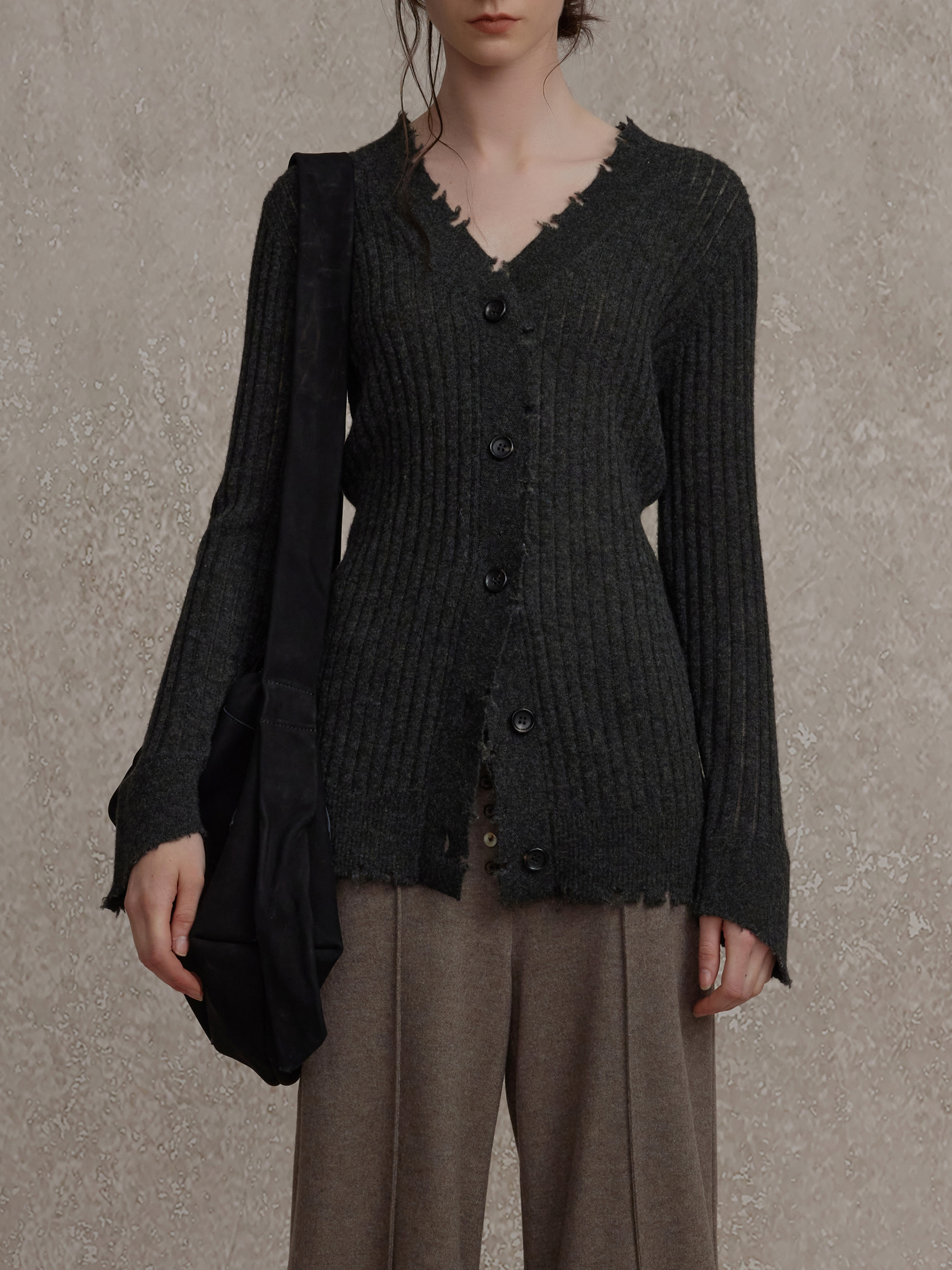 Dark Gray Knitted Raw Edge Cardigan