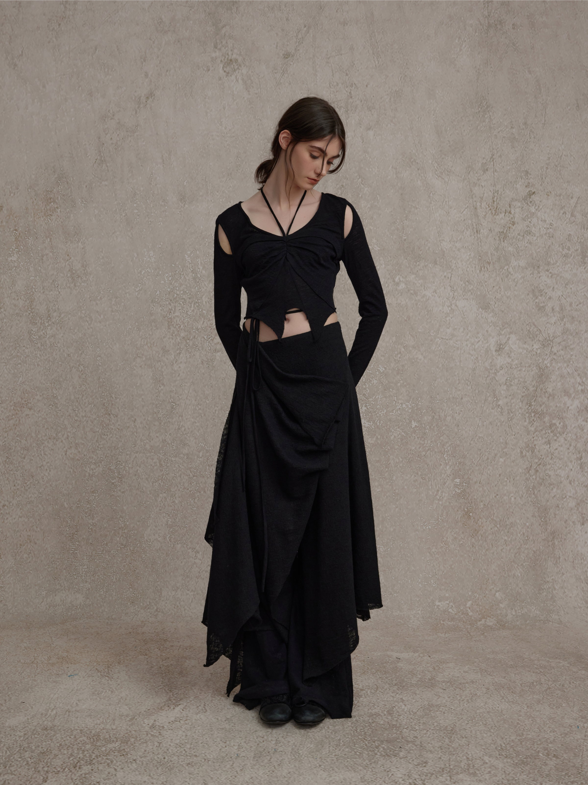 Black Button Pleated Maxi Skirt