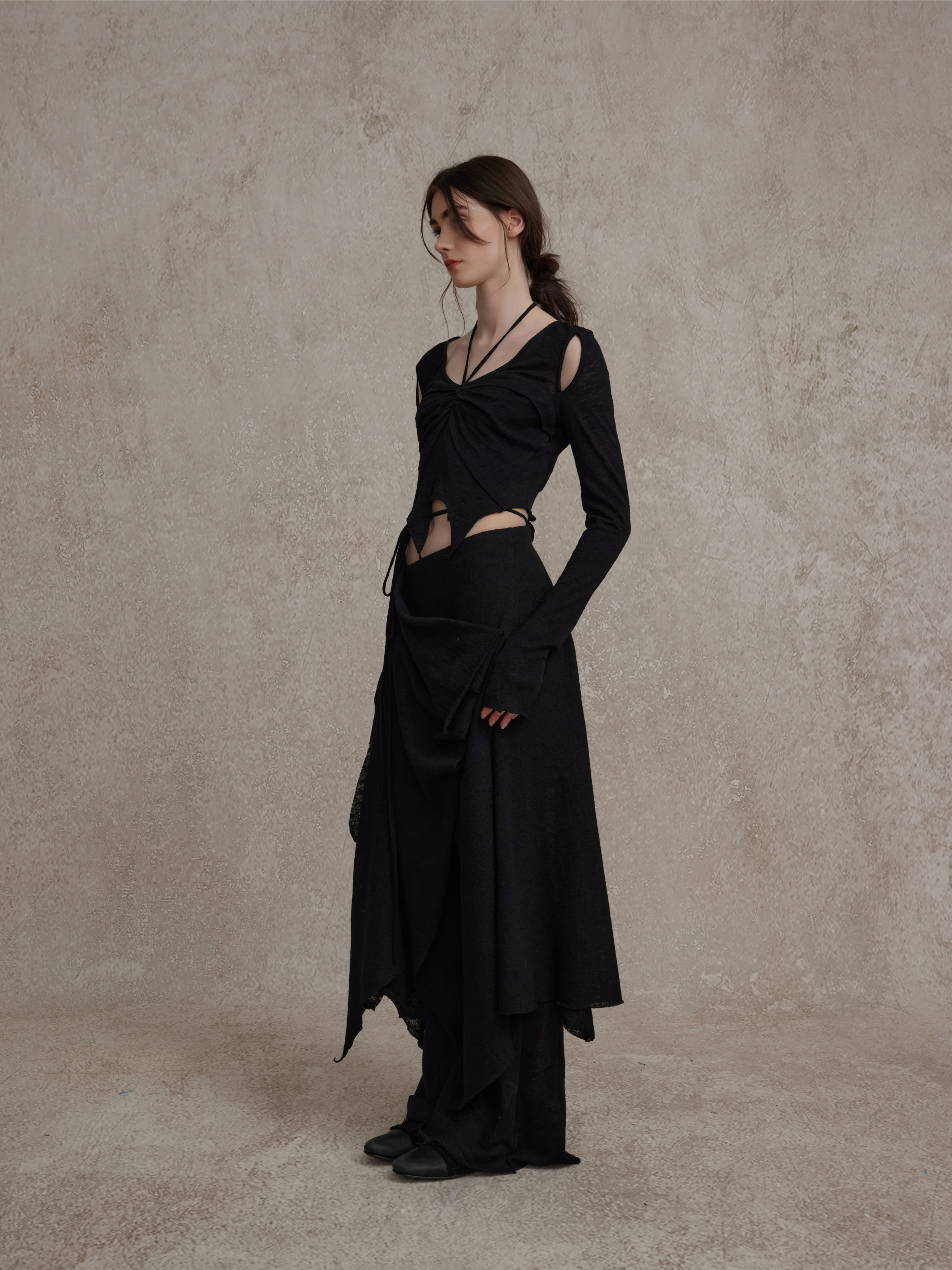 Black Button Pleated Maxi Skirt