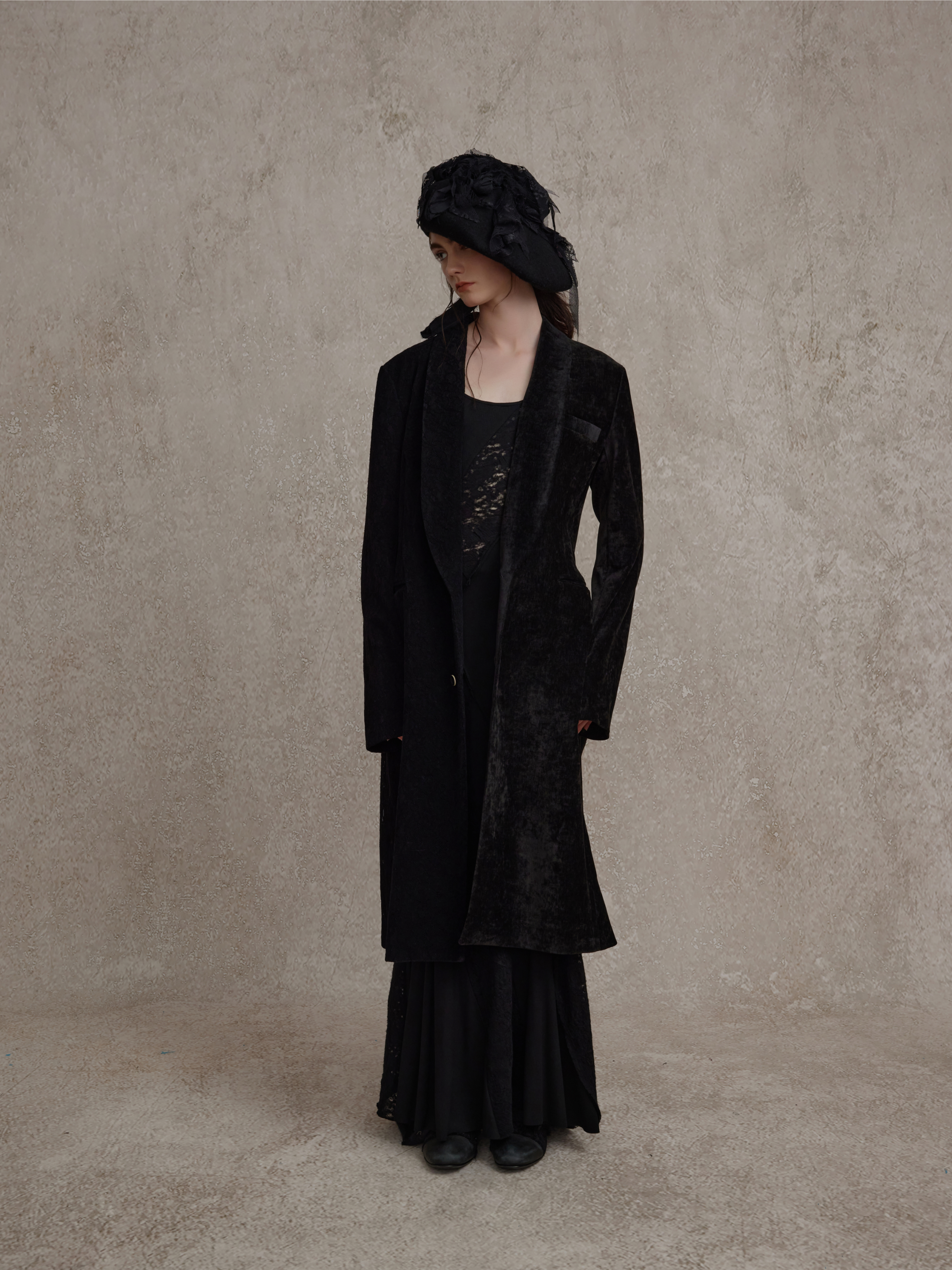 Black Velvet Patchwork Midi Coat