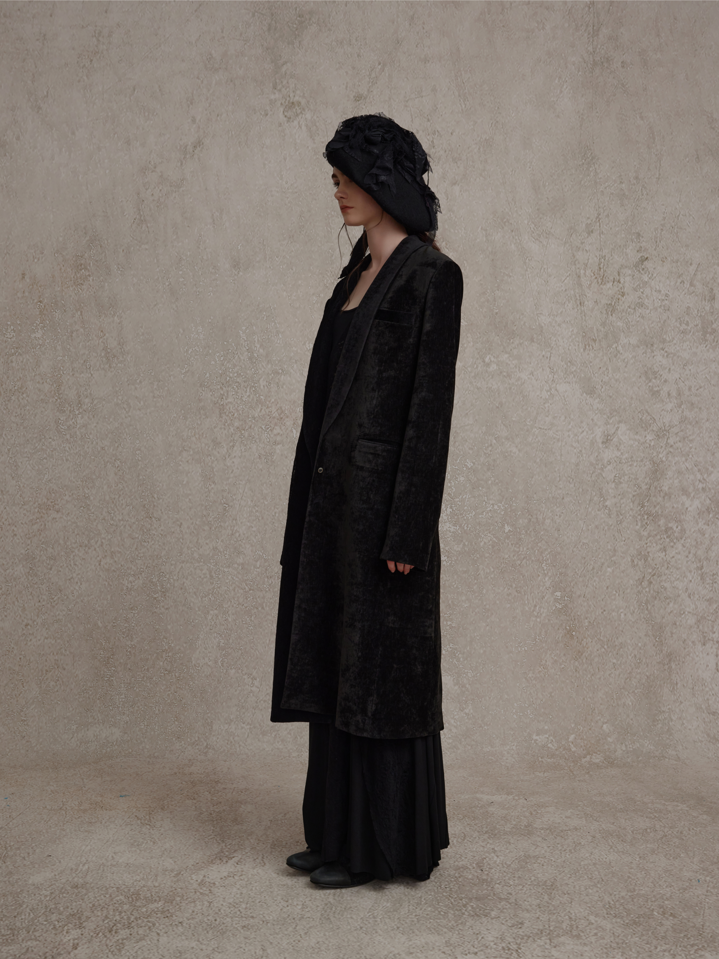 Black Velvet Patchwork Midi Coat