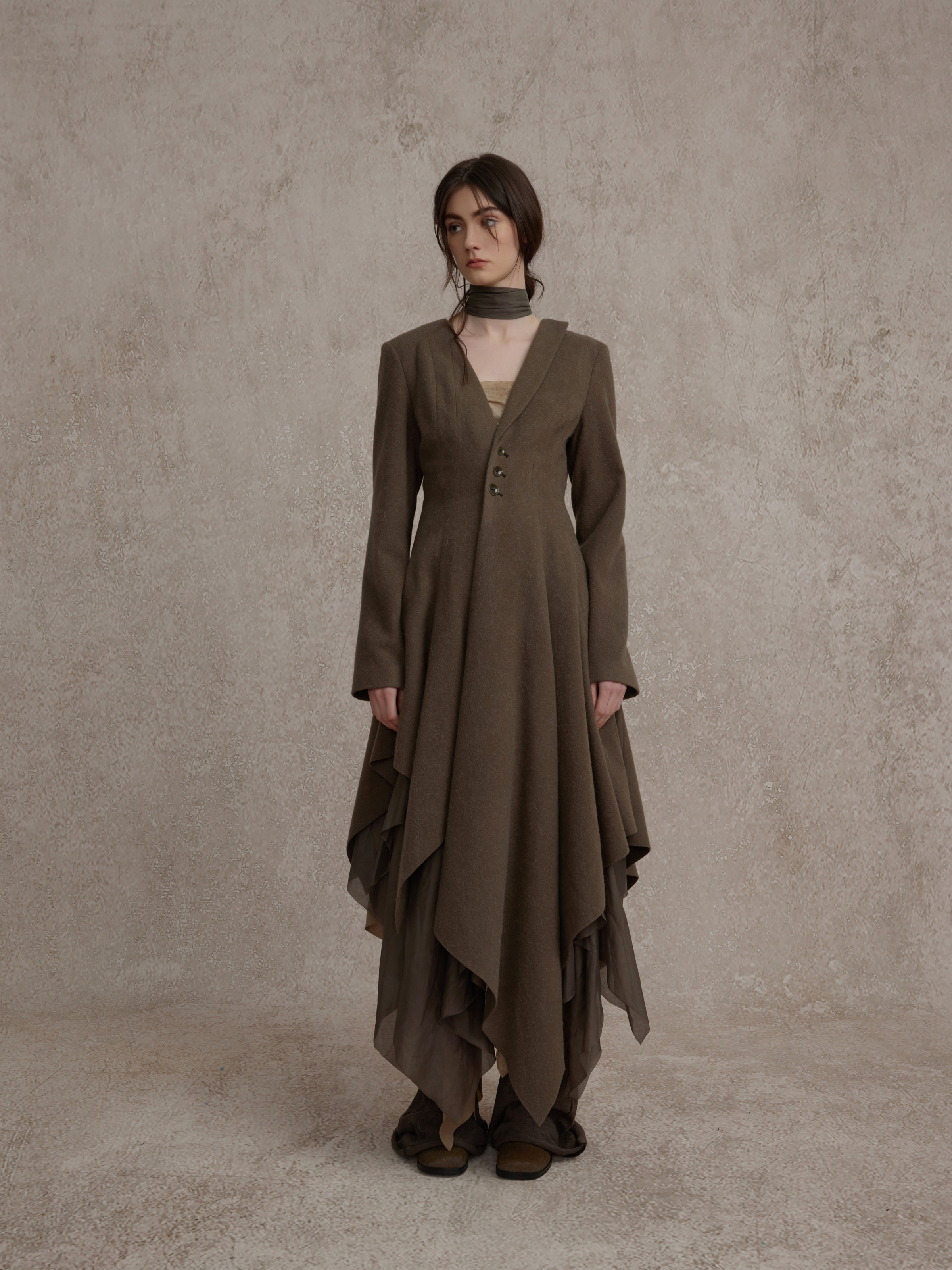 Olive Wool Multi-layered Maxi Coat