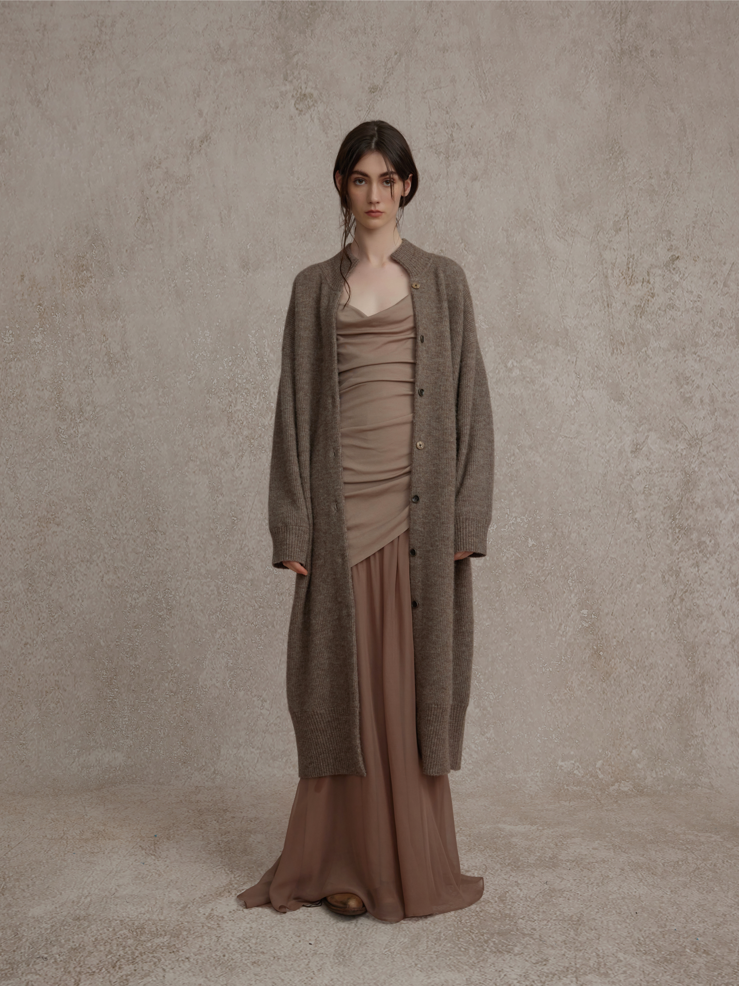 Brown Knitted Ribbed Long Cardigan