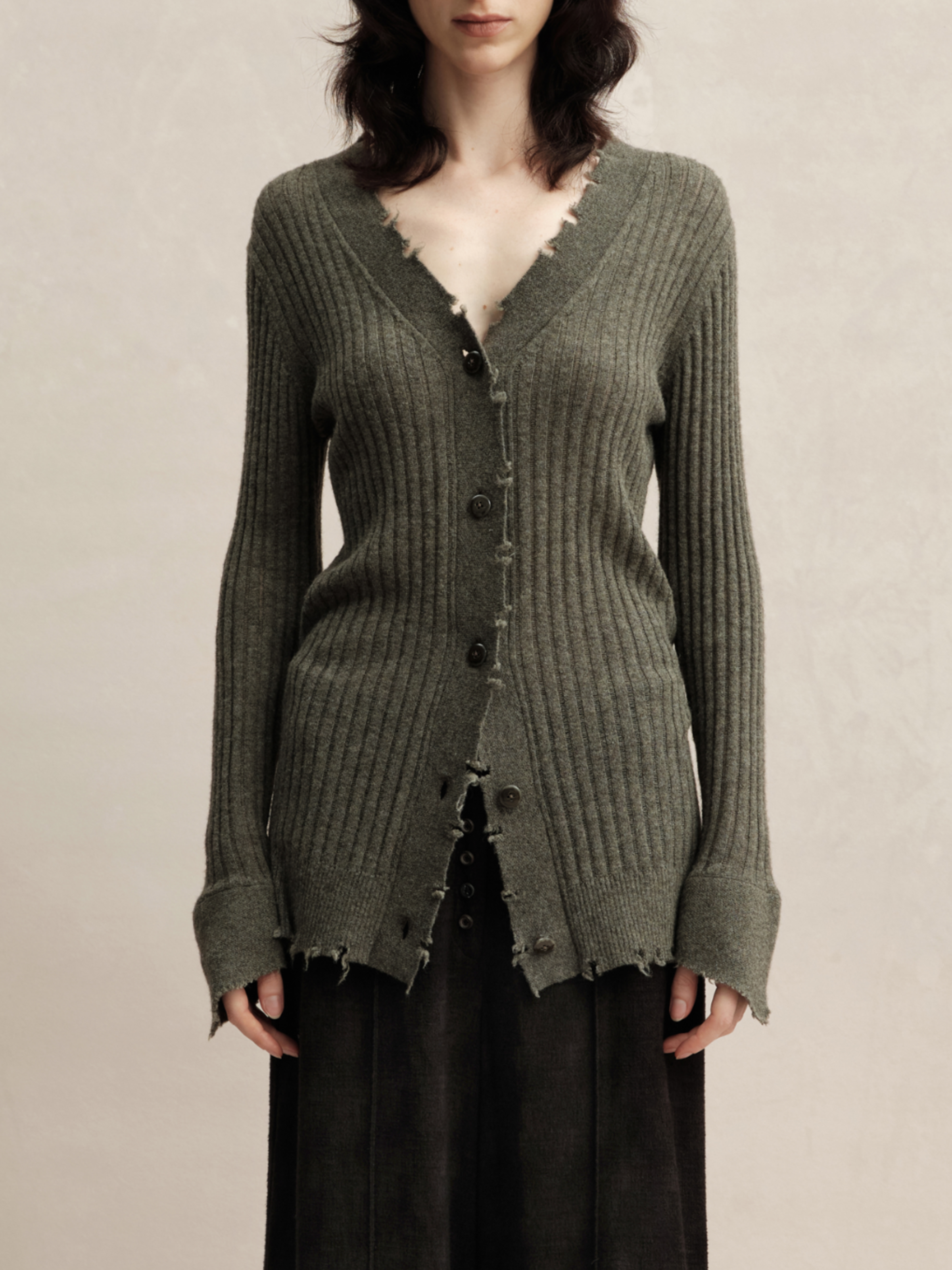 Dark Green Knitted Raw Edge Cardigan