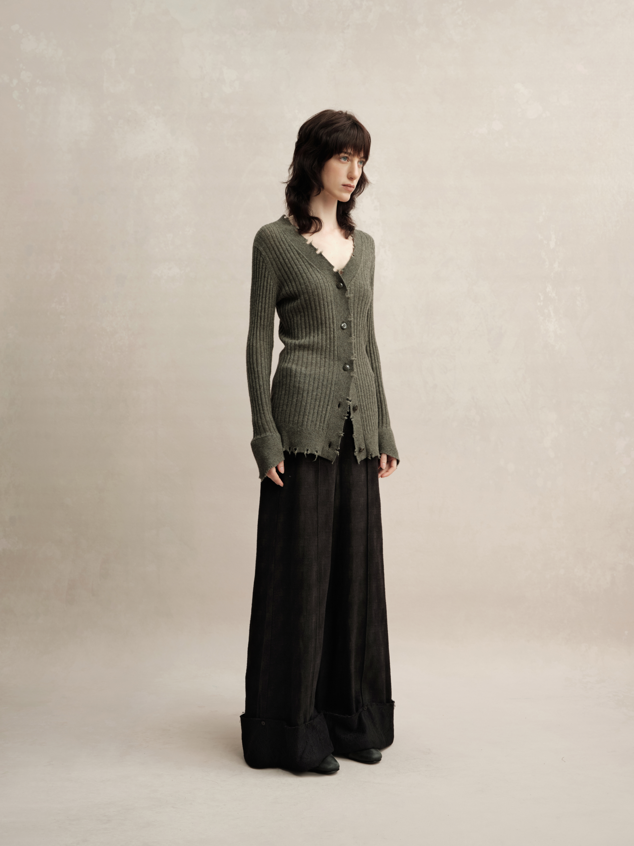 Dark Green Knitted Raw Edge Cardigan