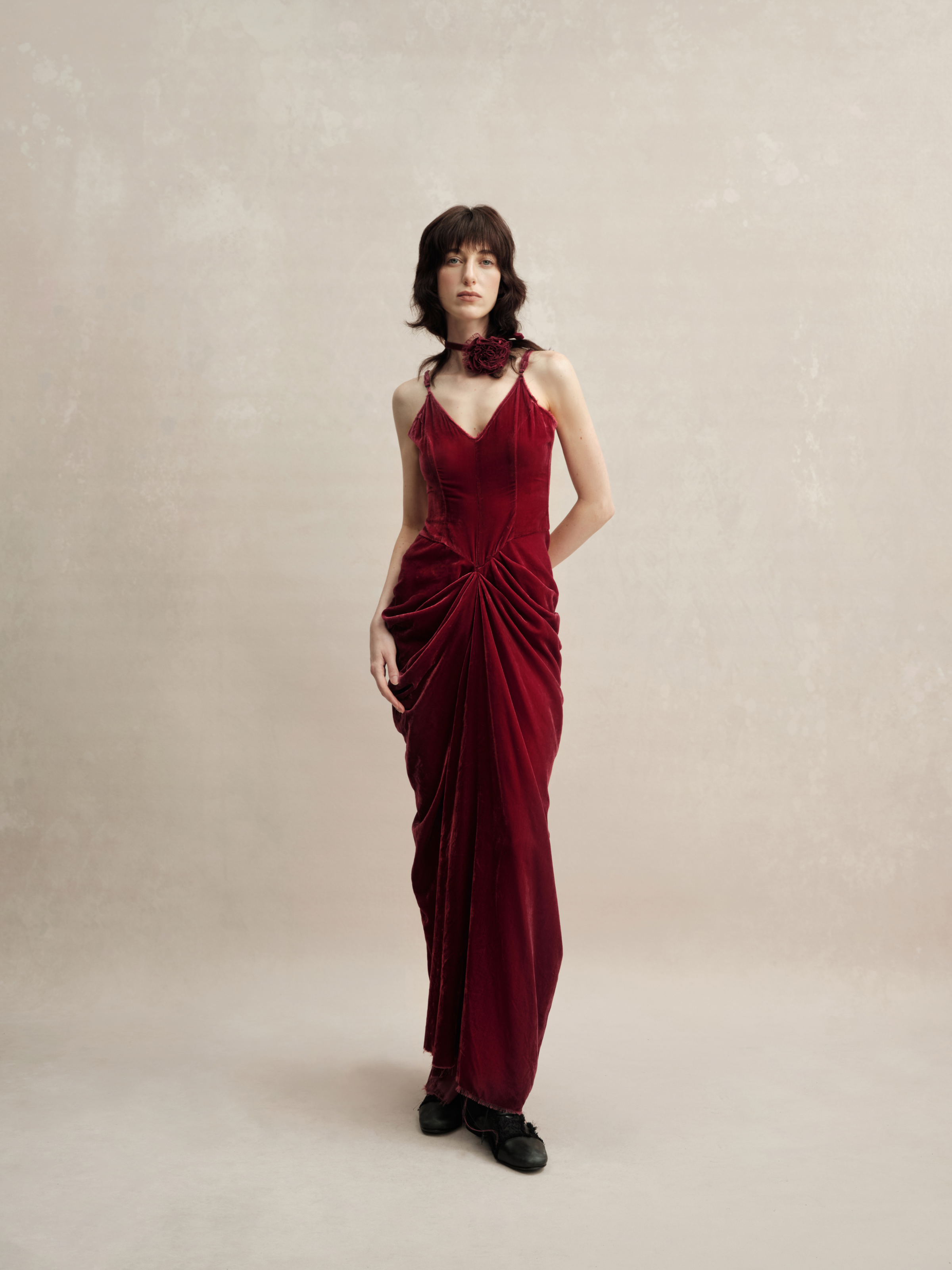 Red Velvet Pleated Dress