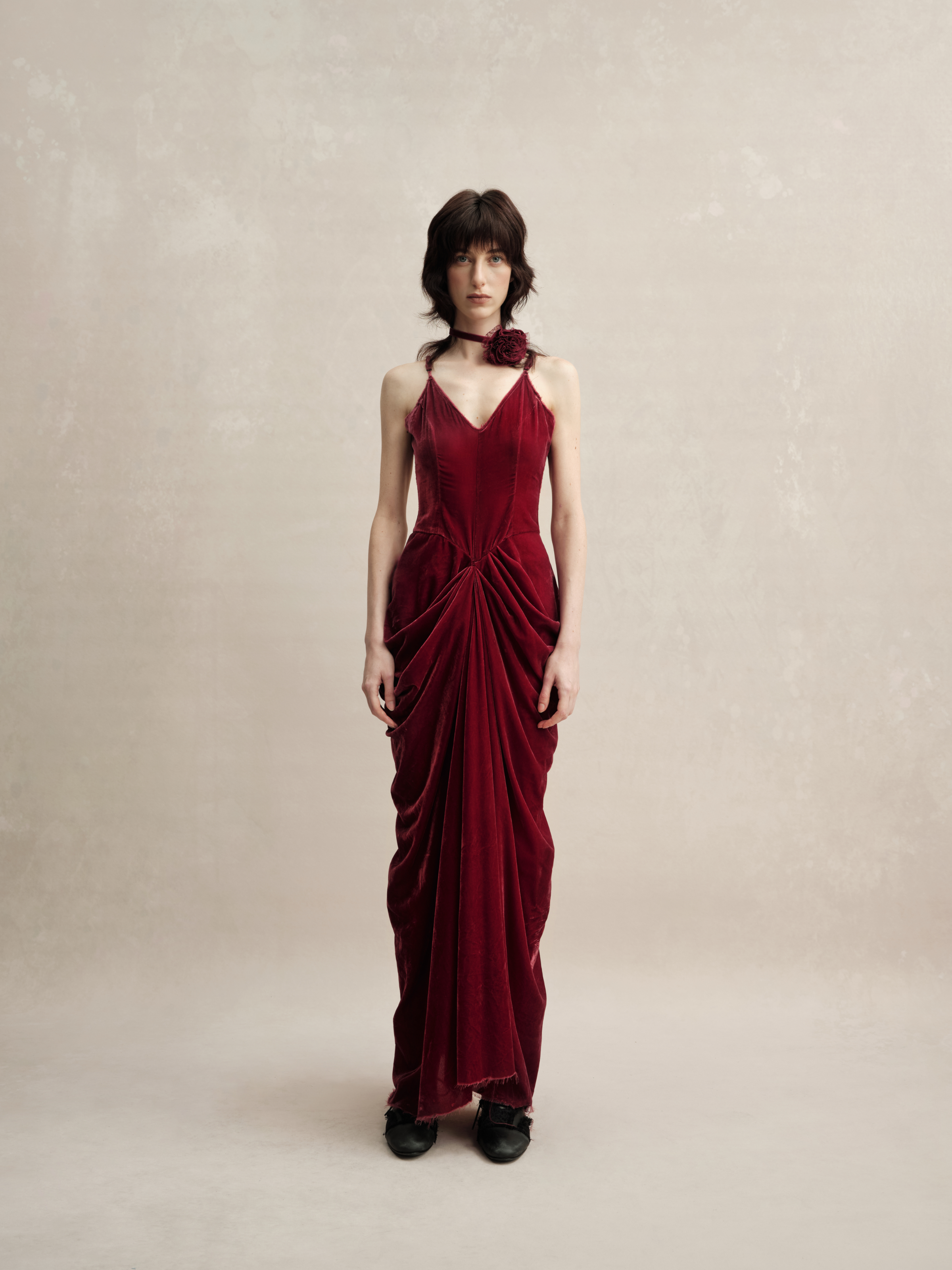 Red Velvet Pleated Dress