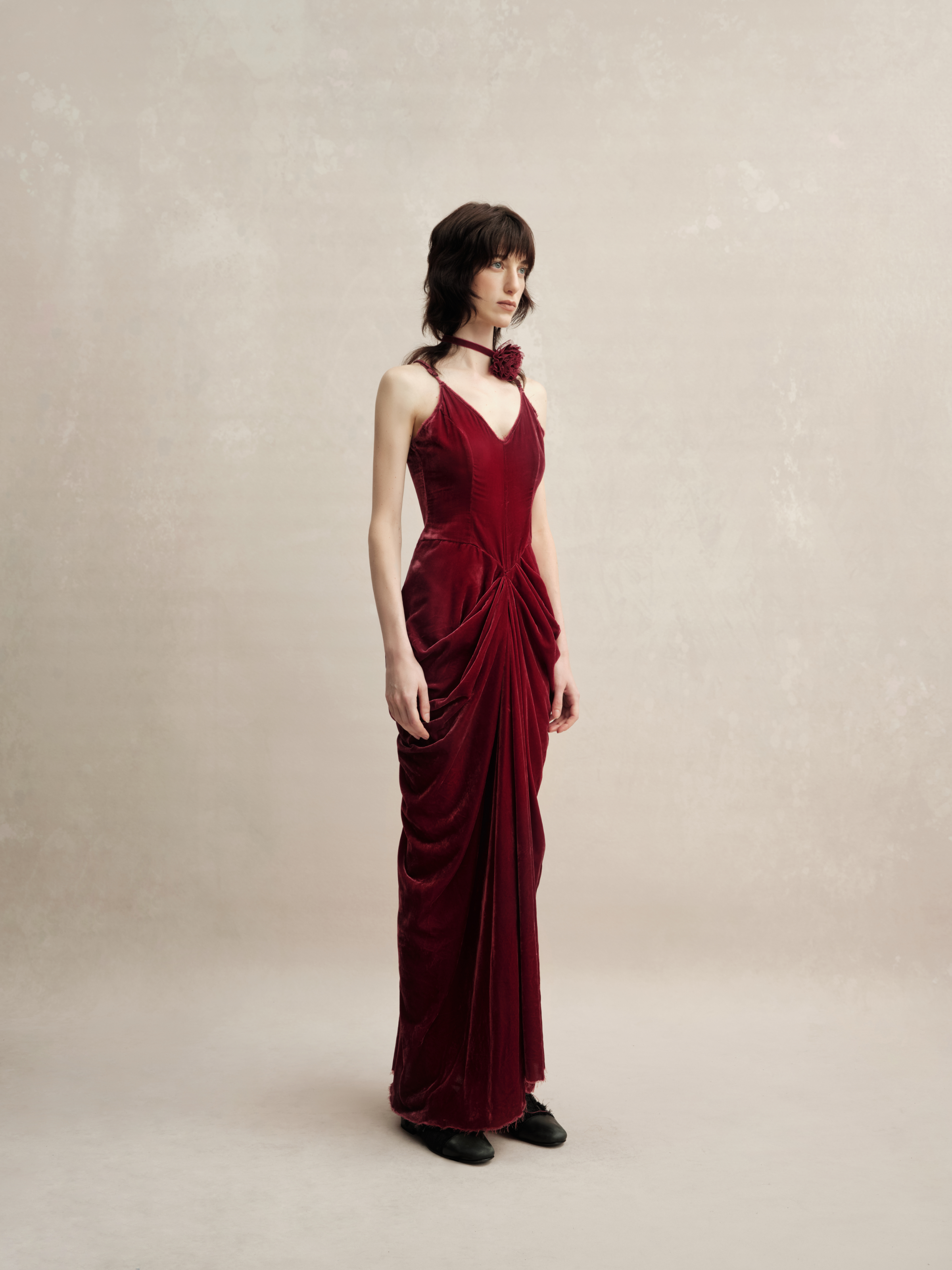 Red Velvet Pleated Dress