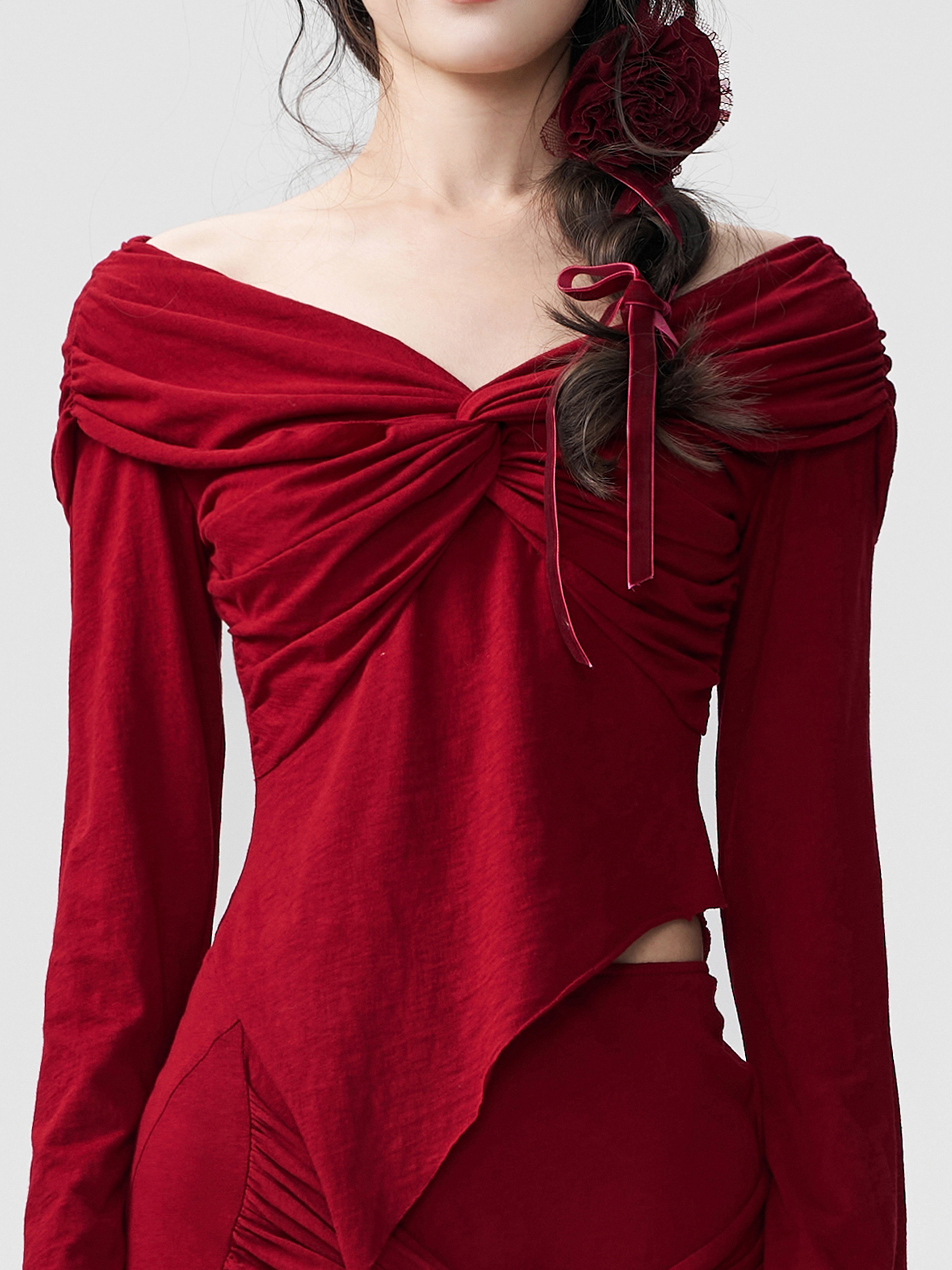 Red Long Sleeve Knots Top