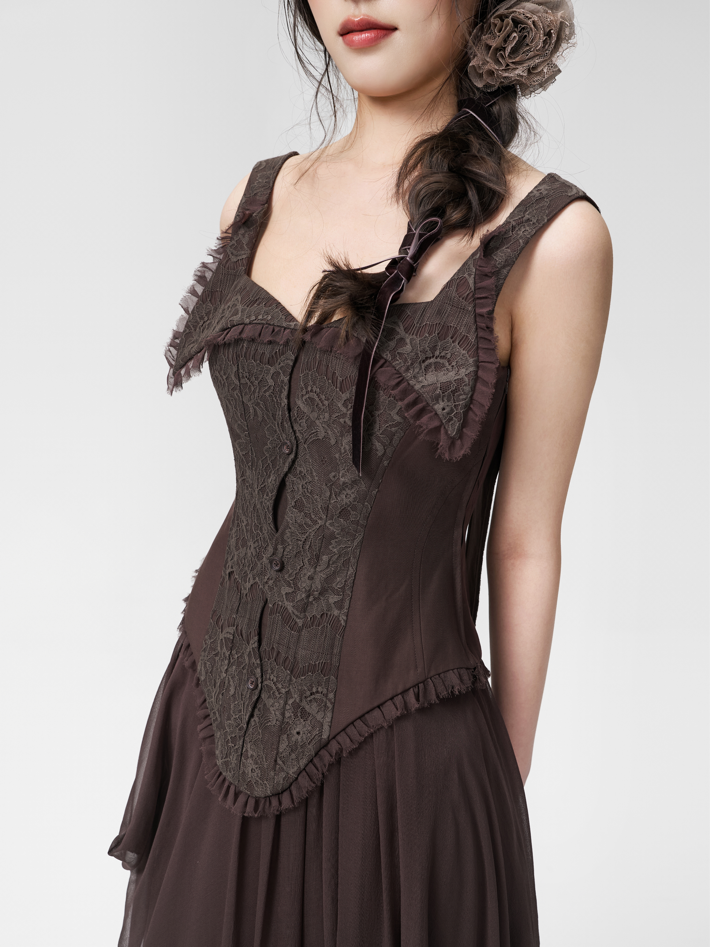 Brown Vintage Lace Trim Vest