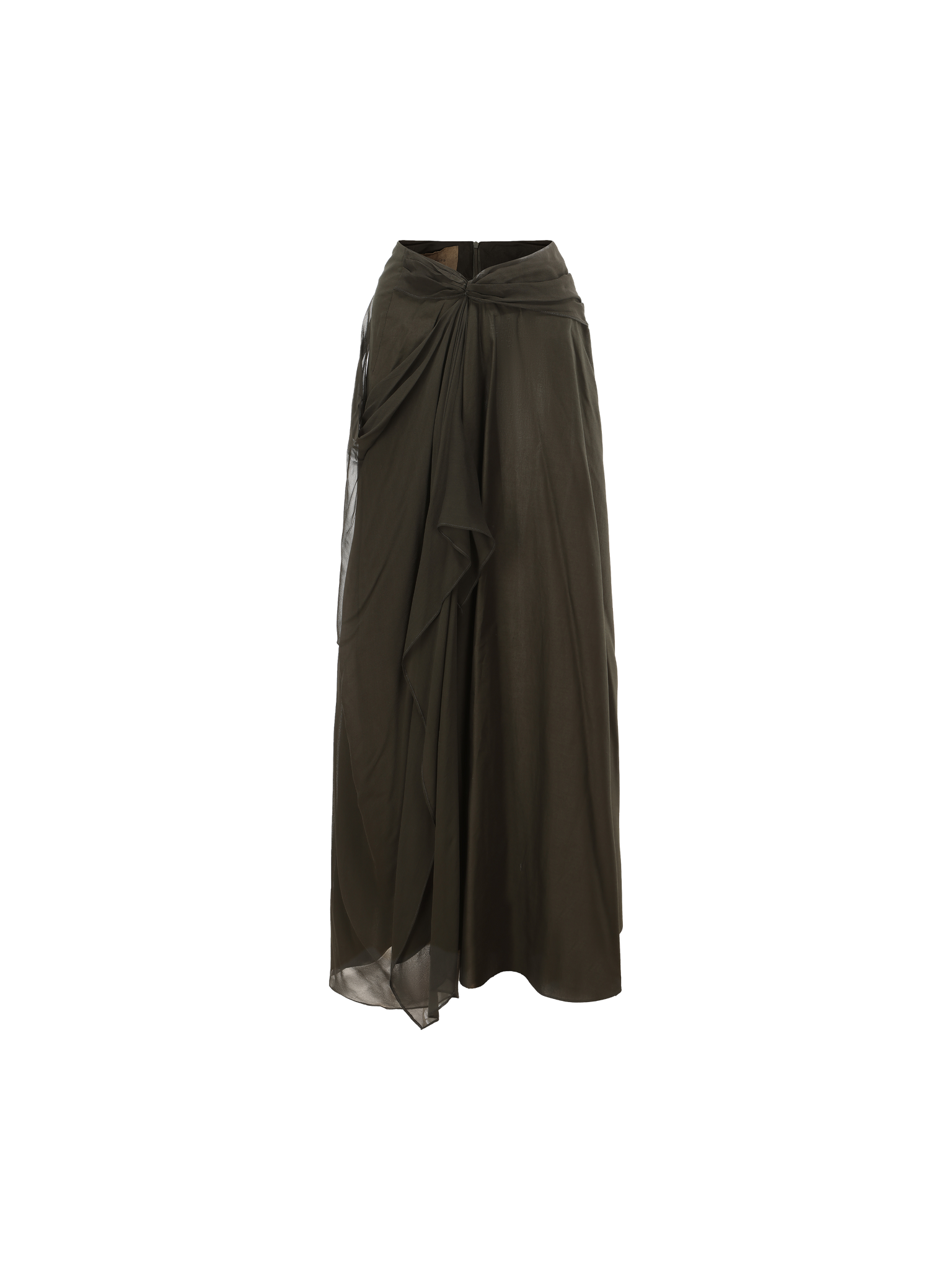 Olive Silk Draped Mid-Length Skirt