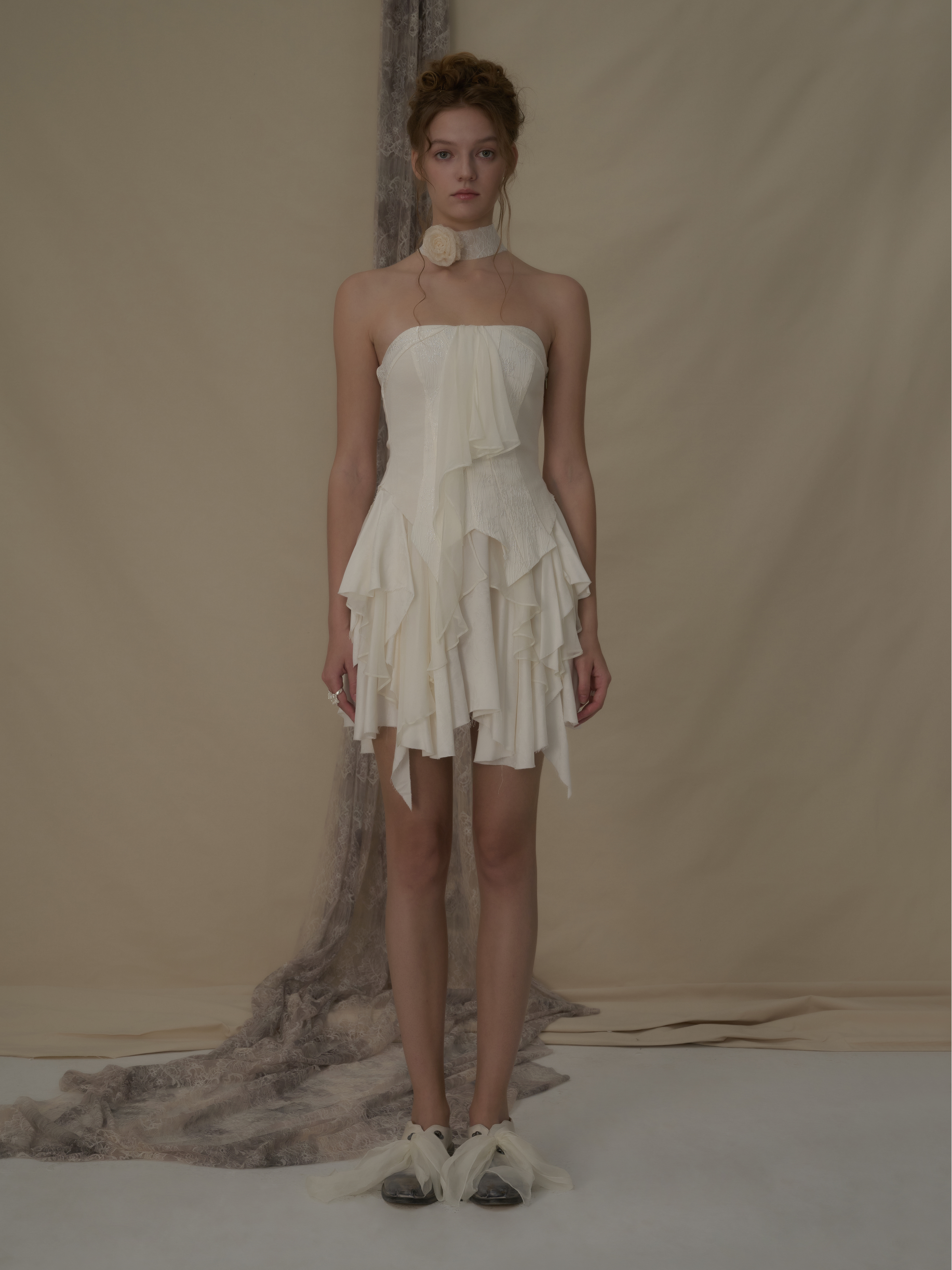 beige strapless mini dress Beige & White Strapless Mini Dress