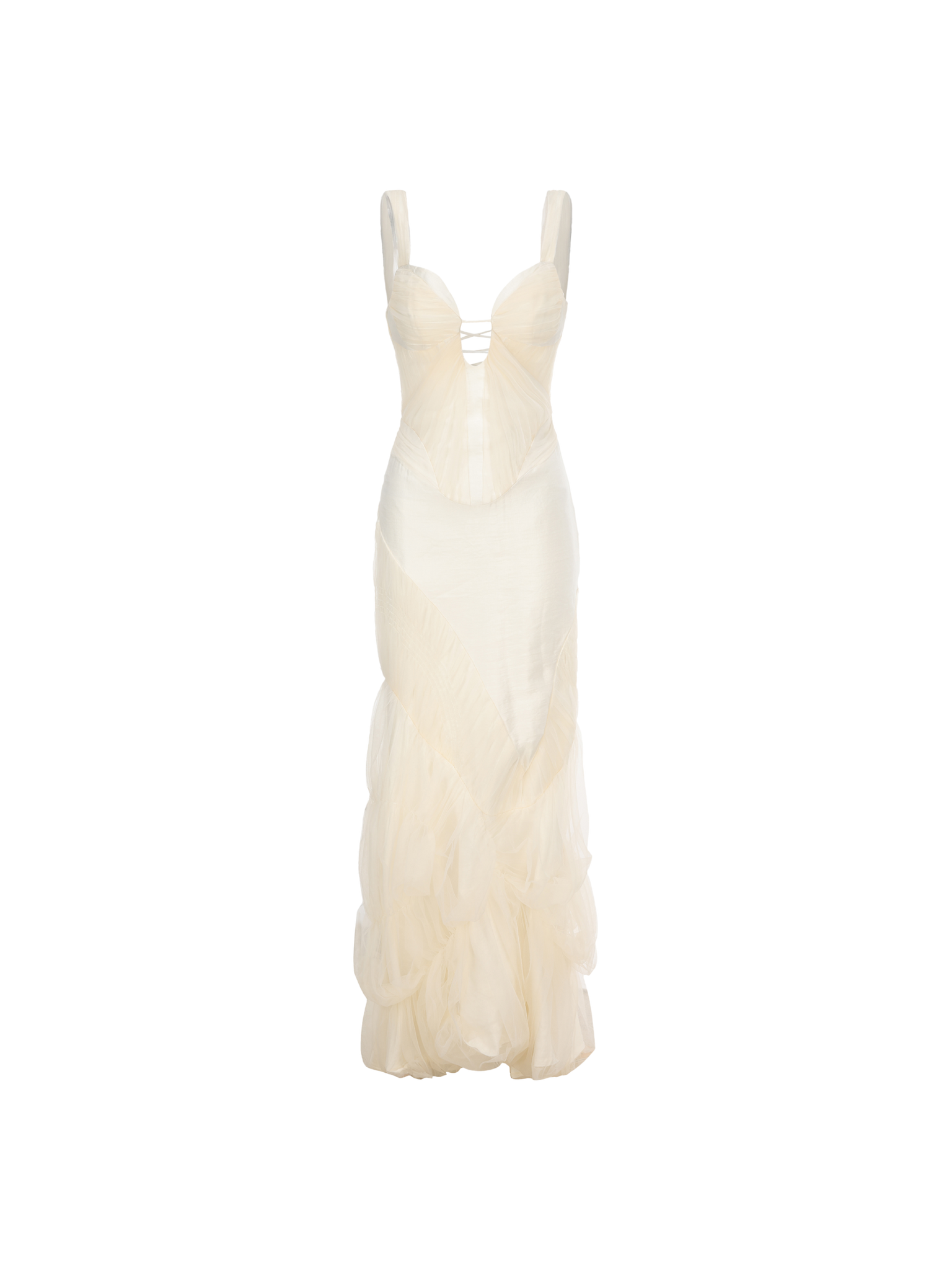White V-Neck Strap Dress With Mesh Sweep