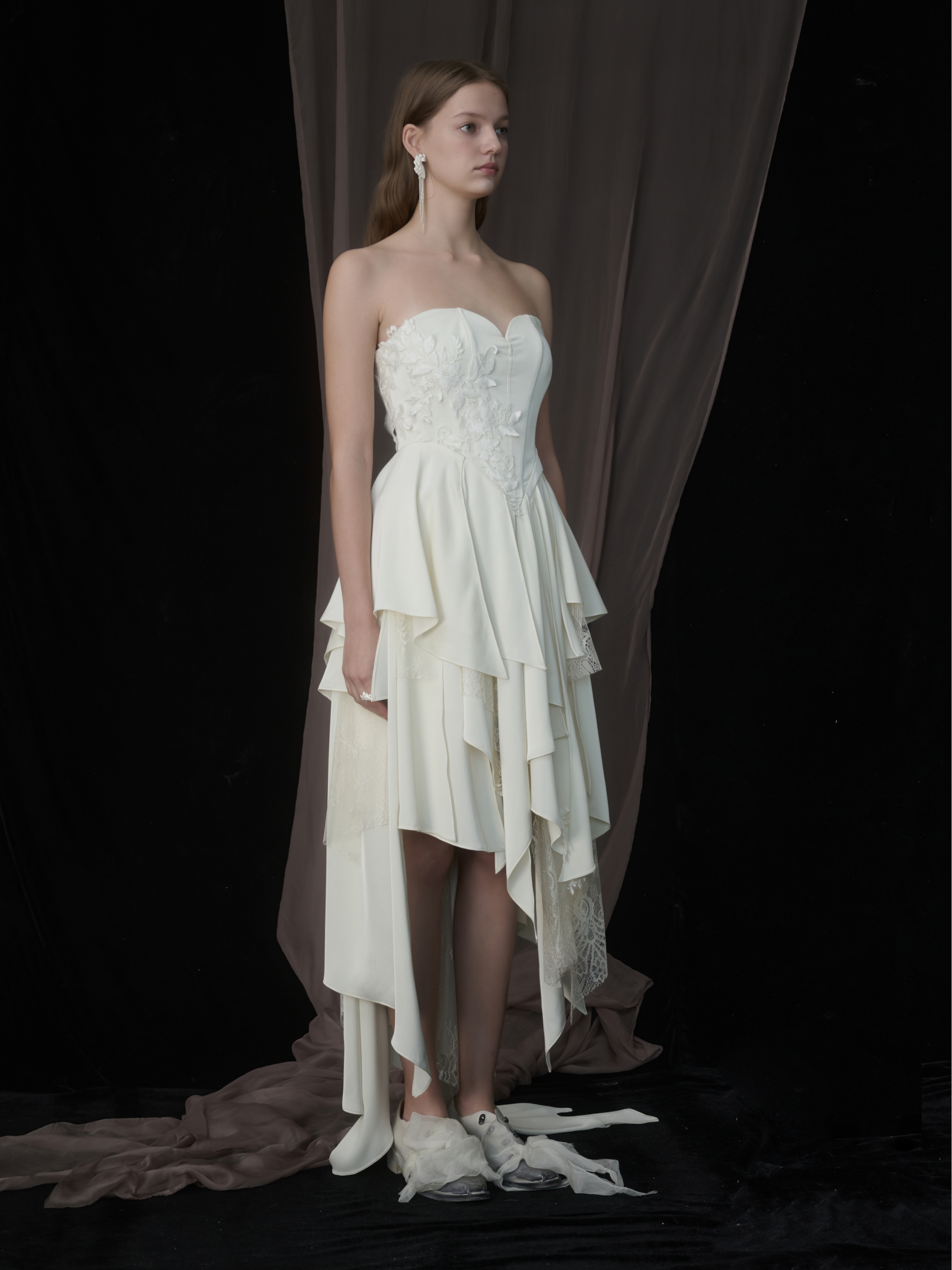 White Asymmeteric Pleated Off-Shoulder Dress