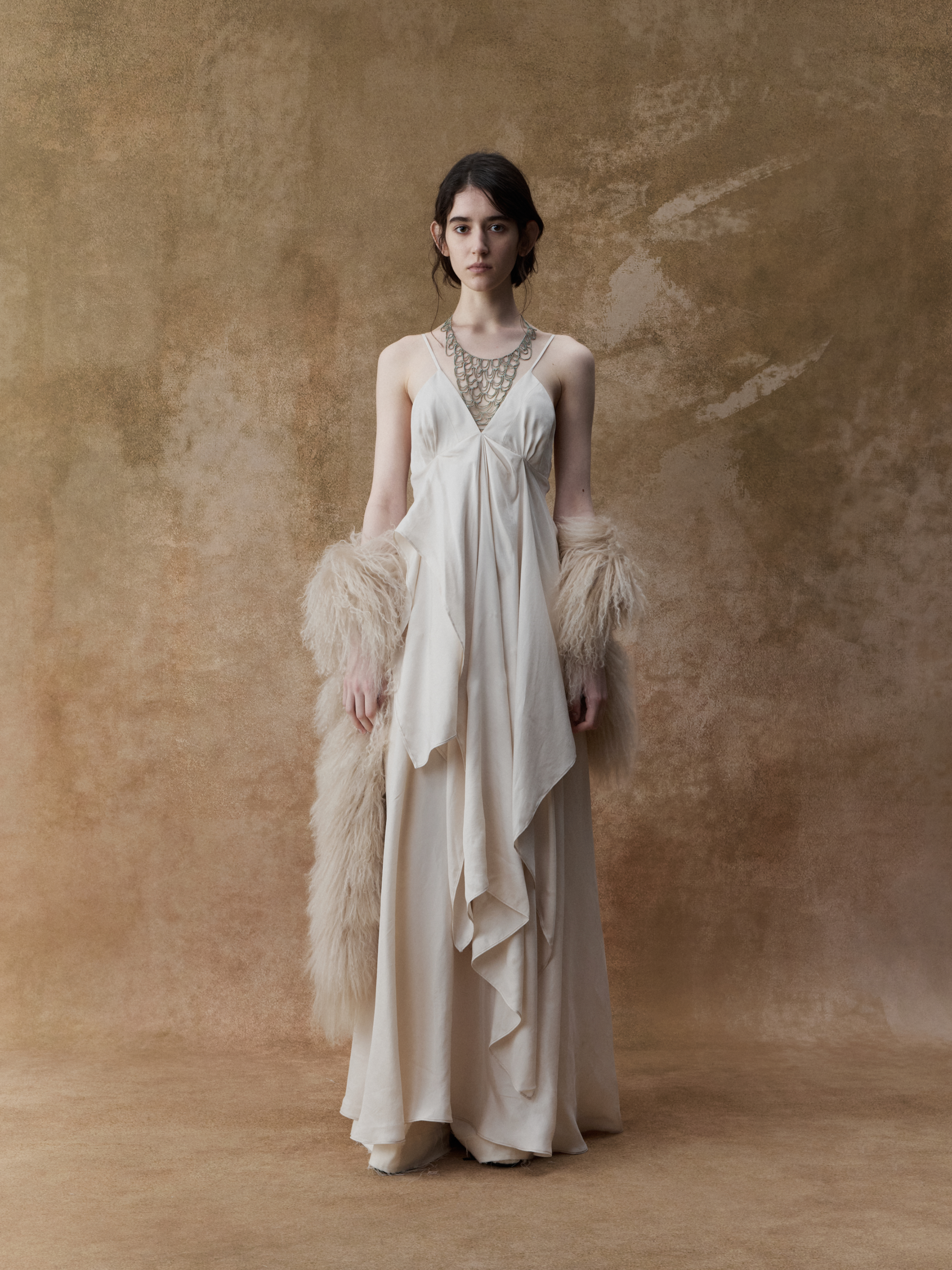 Cream Draped Double-layer Strap Dress L