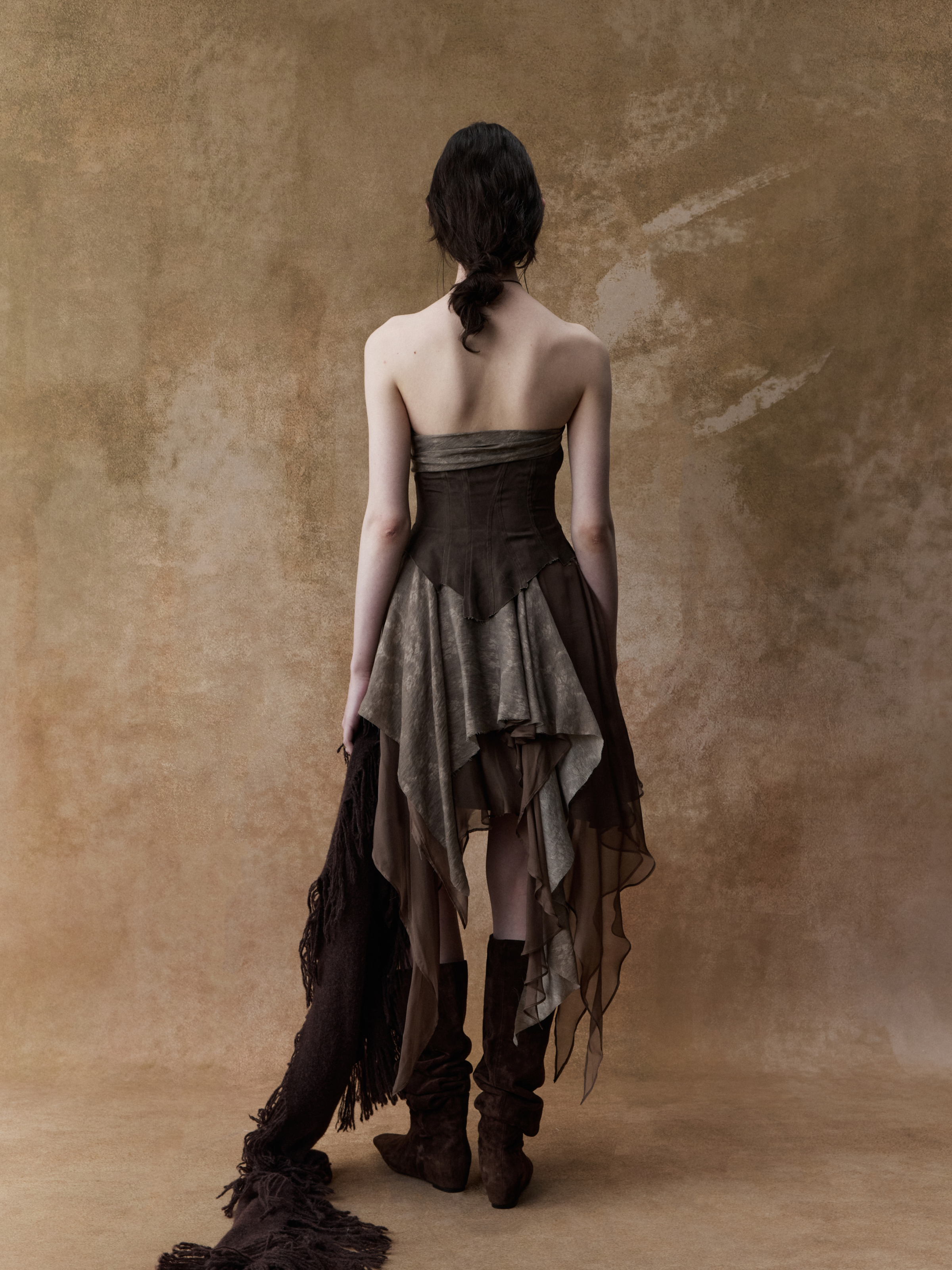 Dark Brown Jacquard Pleated Tube Dress