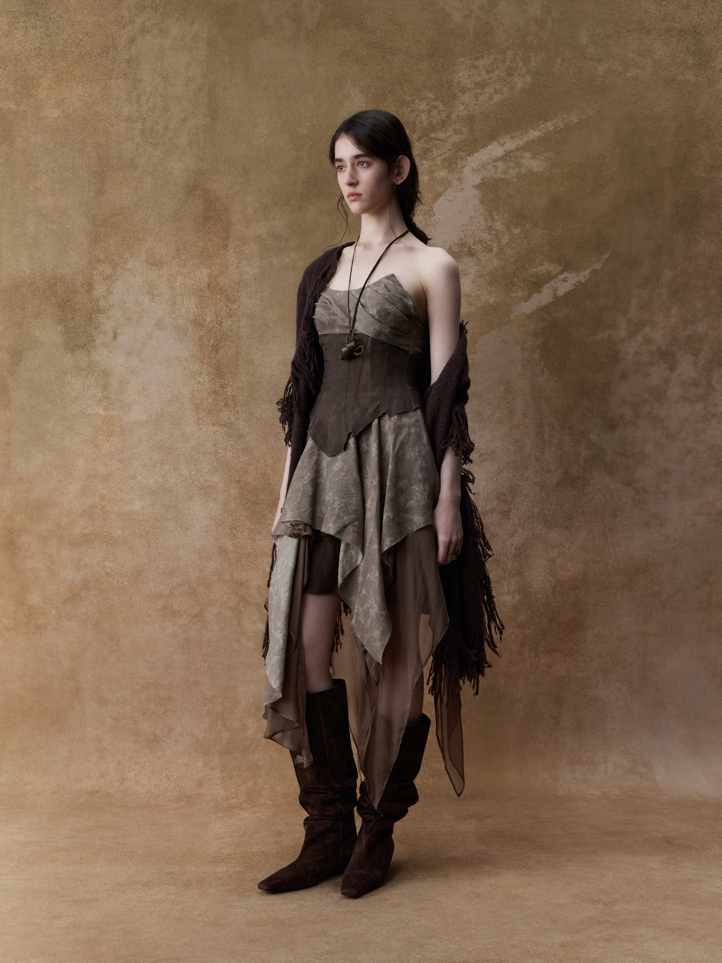 Dark Brown Jacquard Pleated Tube Dress