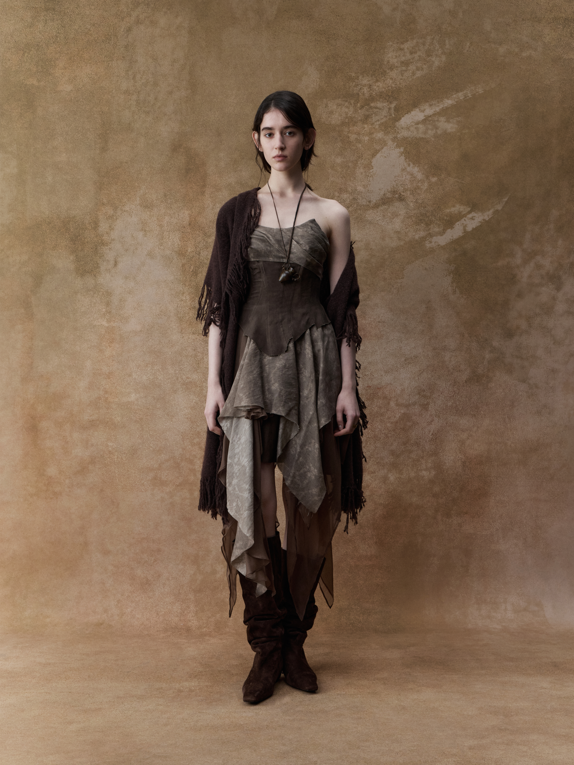 Dark Brown Jacquard Pleated Tube Dress