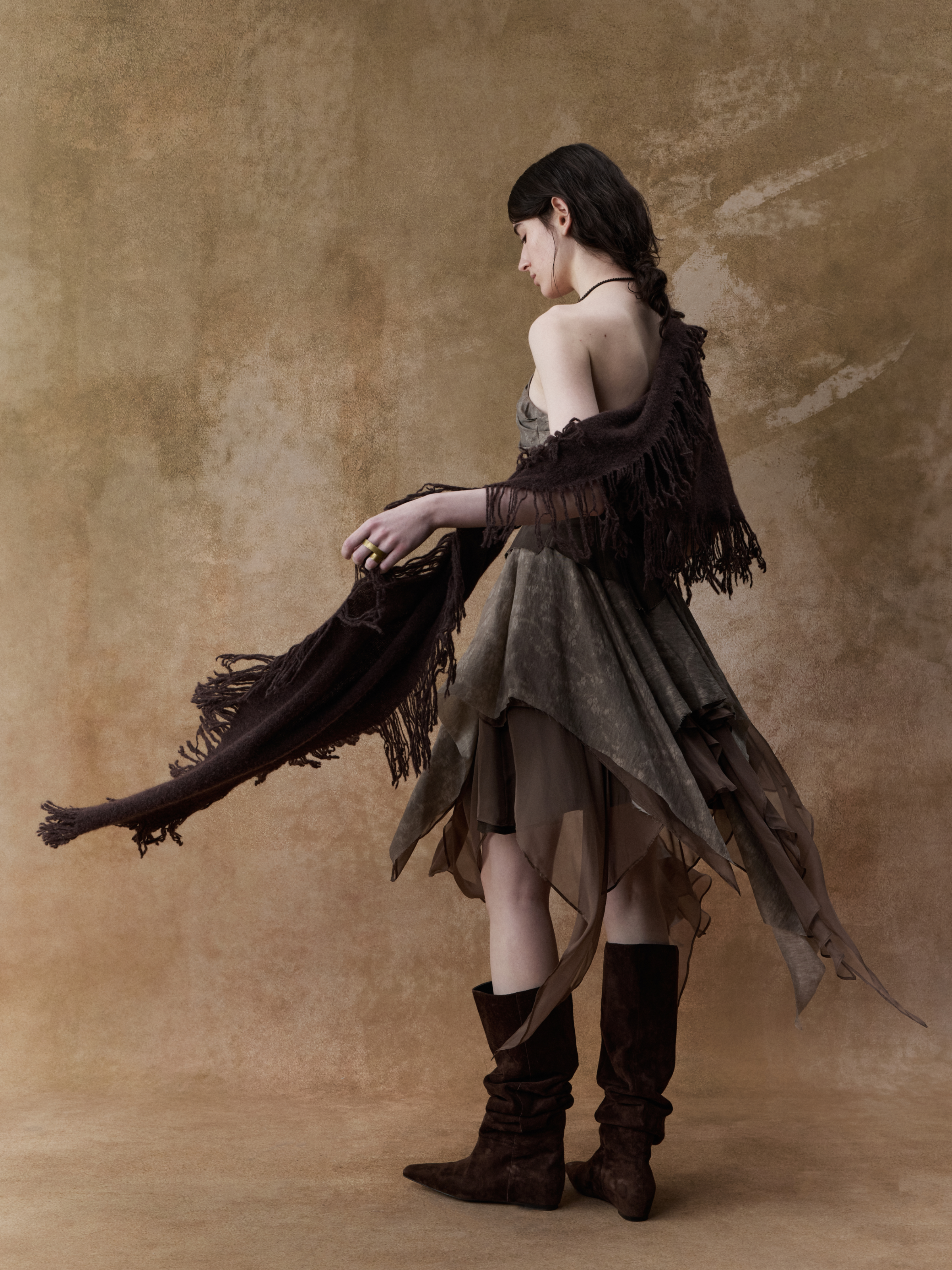 Dark Brown Jacquard Pleated Tube Dress