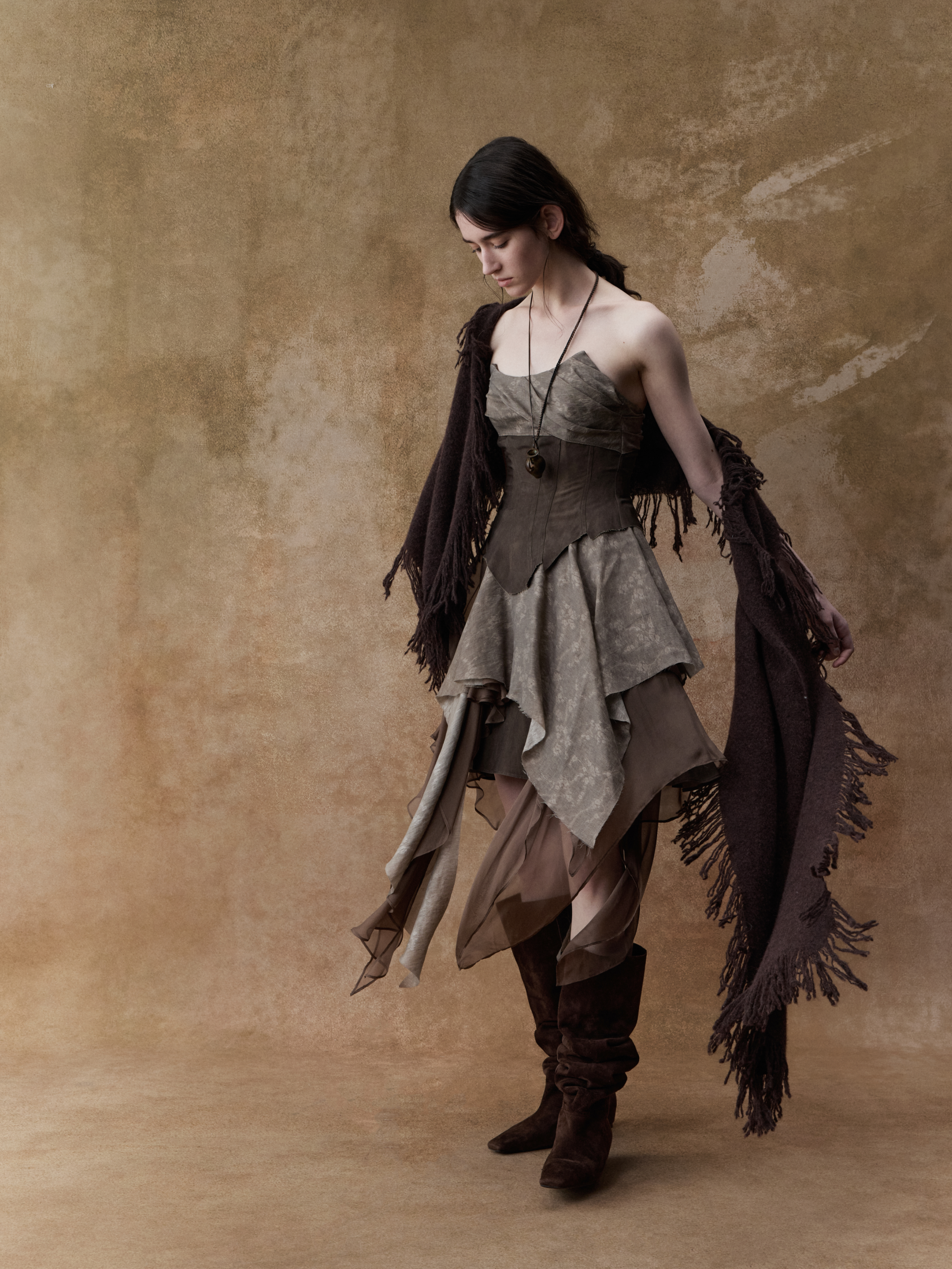 Dark Brown Jacquard Pleated Tube Dress