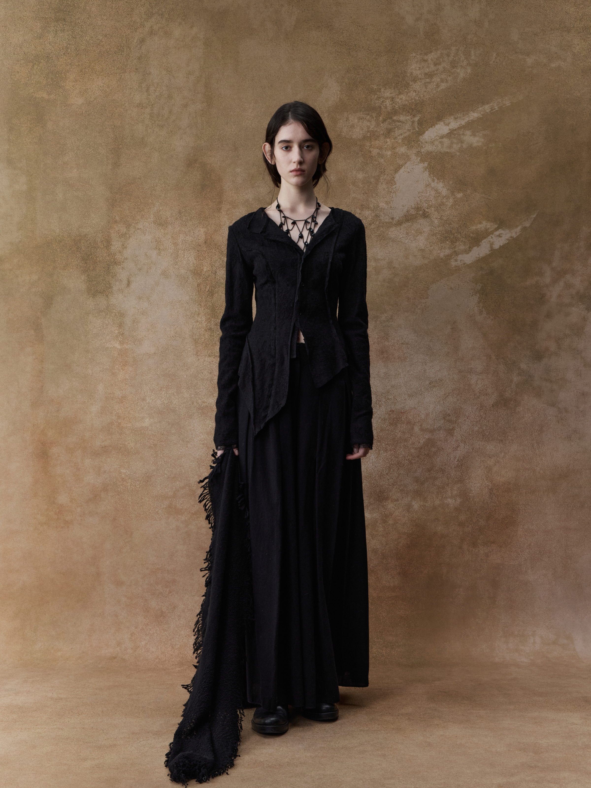 Black Wool Shirred Low-waist Wide-Leg Pants