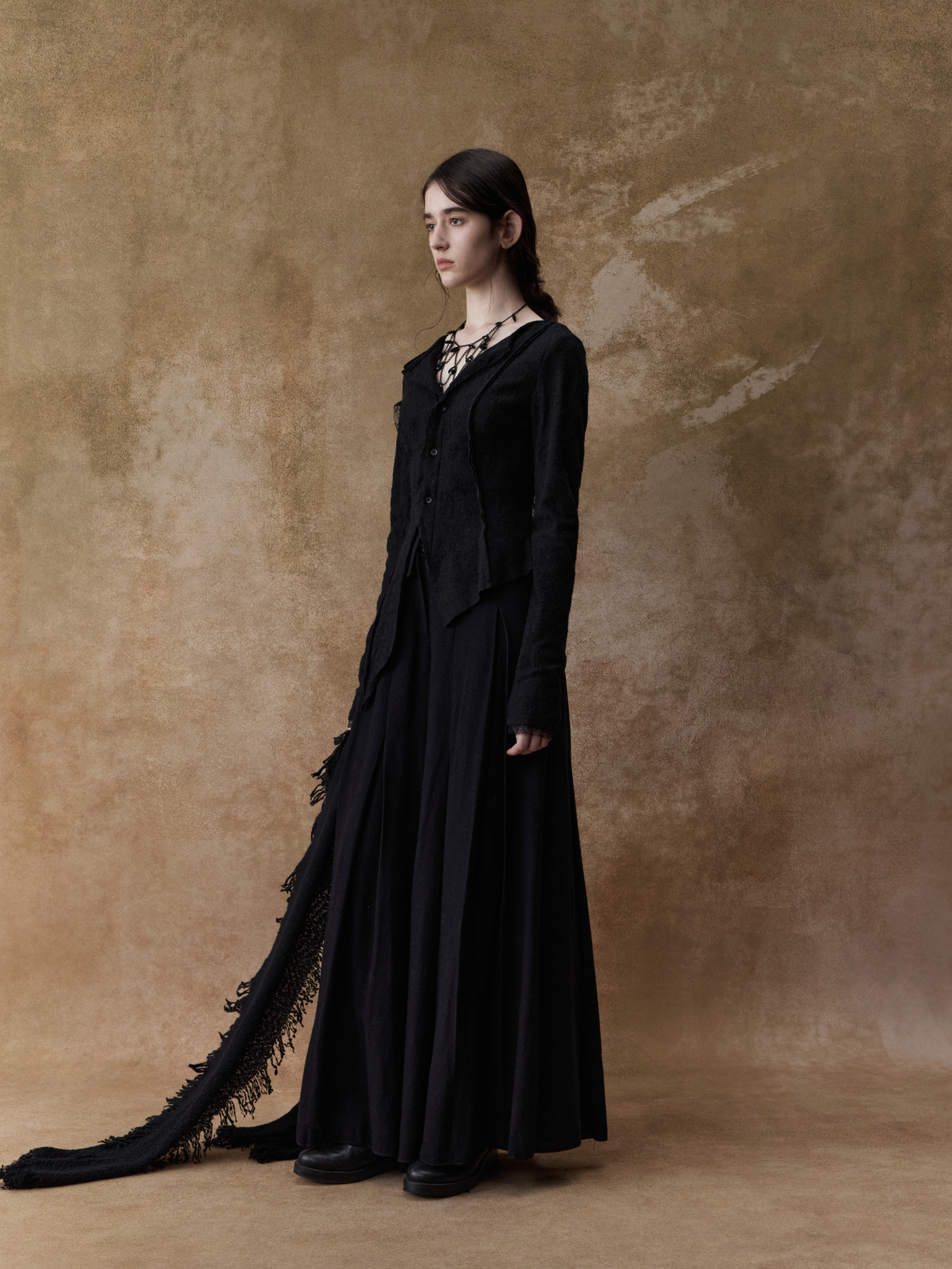 Black Wool Shirred Low-waist Wide-Leg Pants