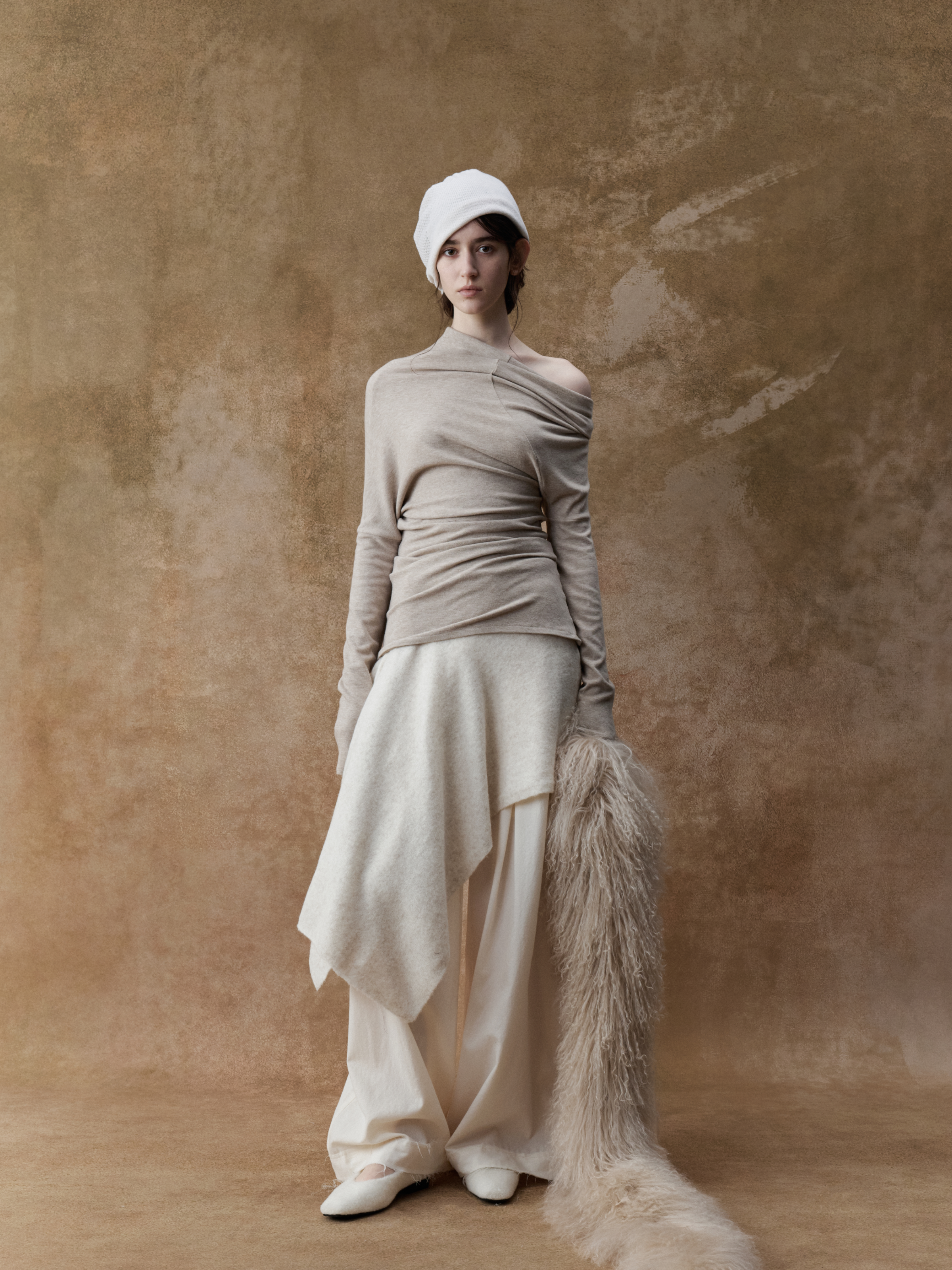 Beige Asymmetric Off-shoulder Top