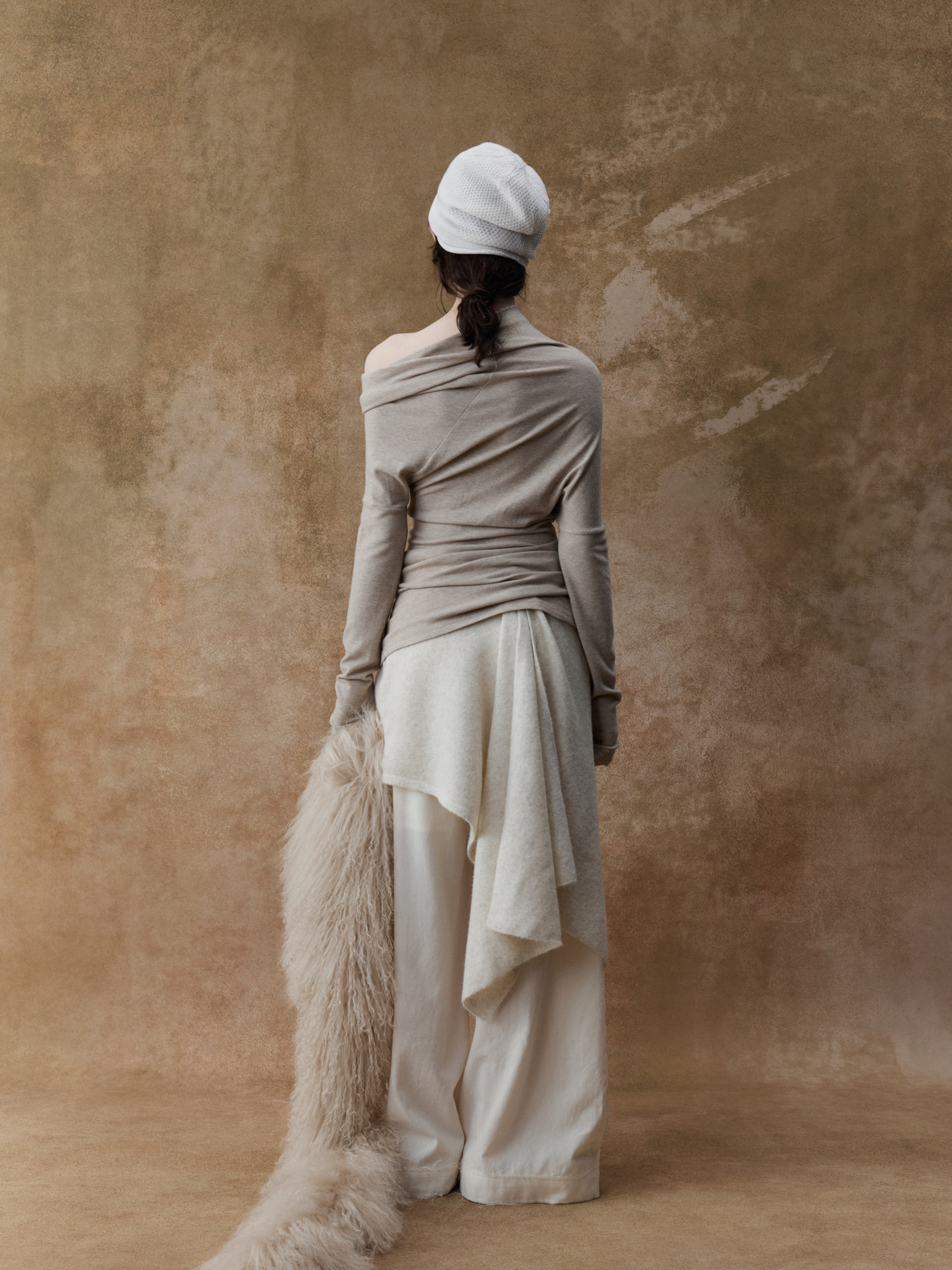 Beige Asymmetric Off-shoulder Top