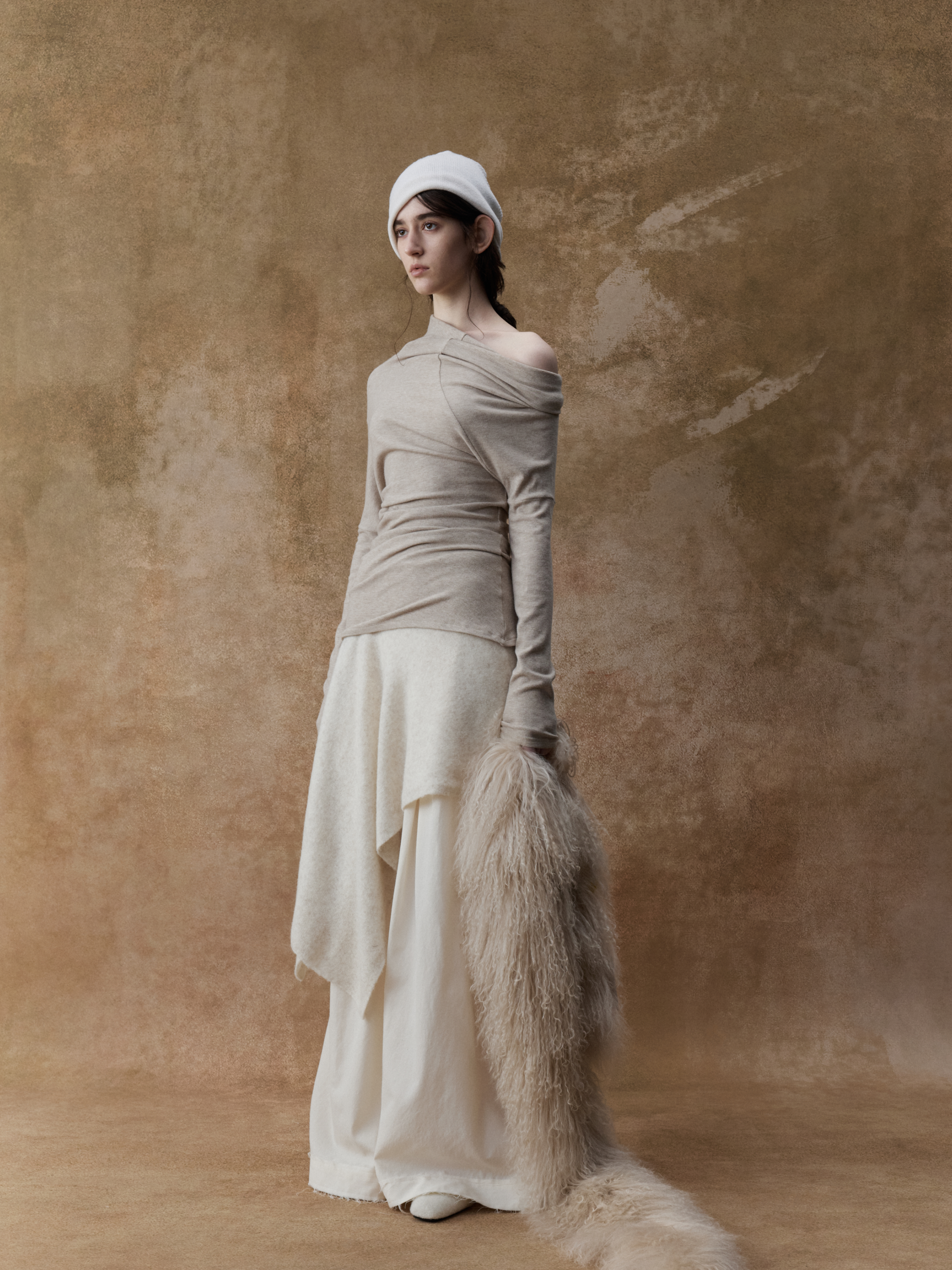 Beige Asymmetric Off-shoulder Top