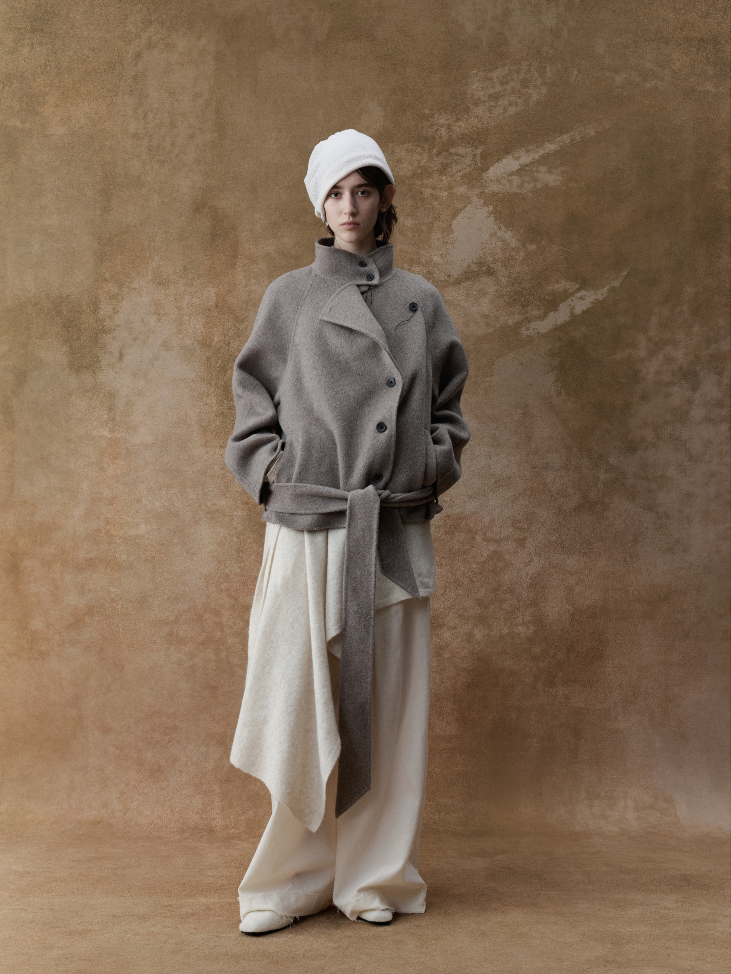 Sandstone Camel Wool Wide Collar Belted Short Coat