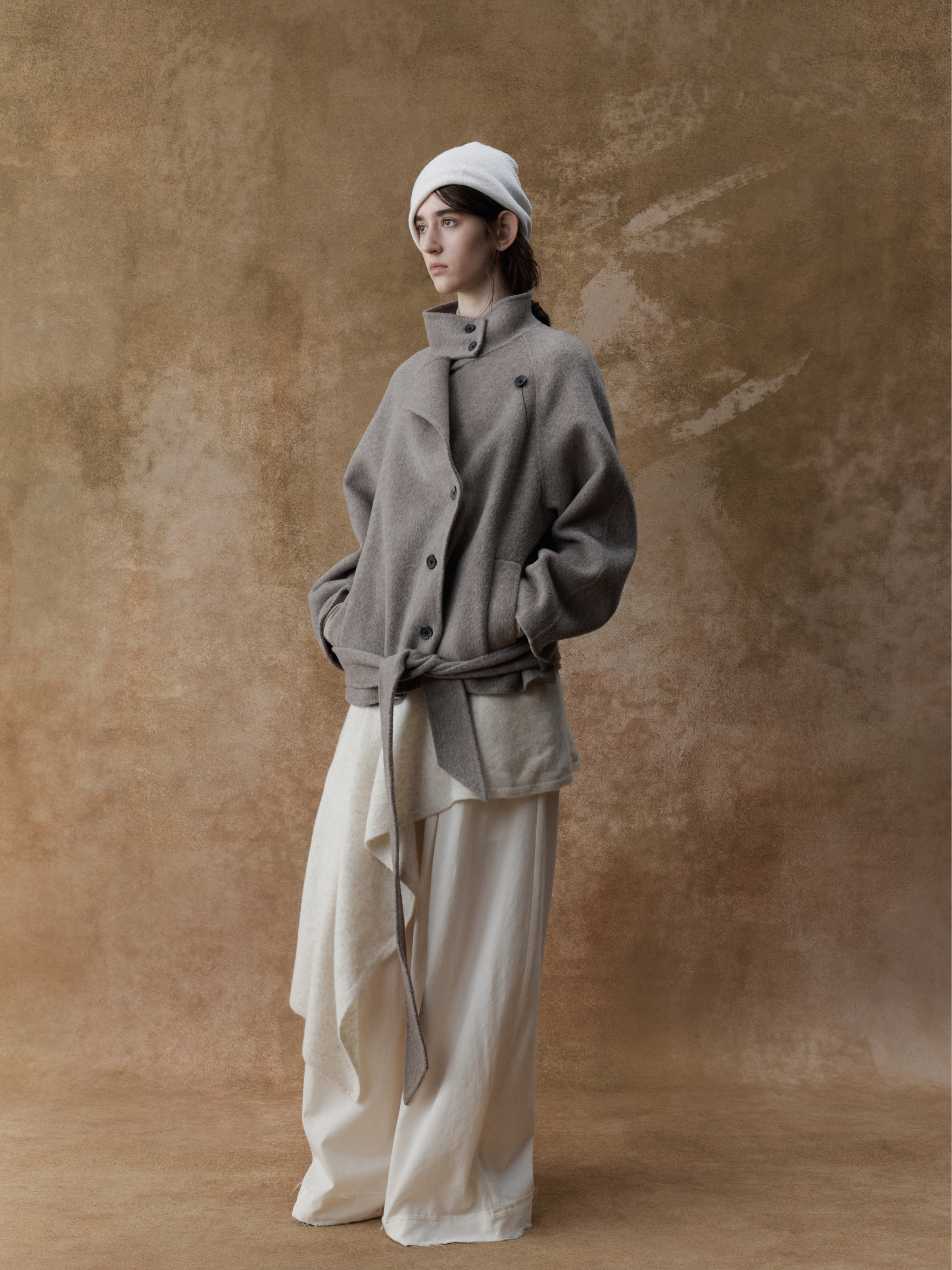 Sandstone Camel Wool Wide Collar Belted Short Coat