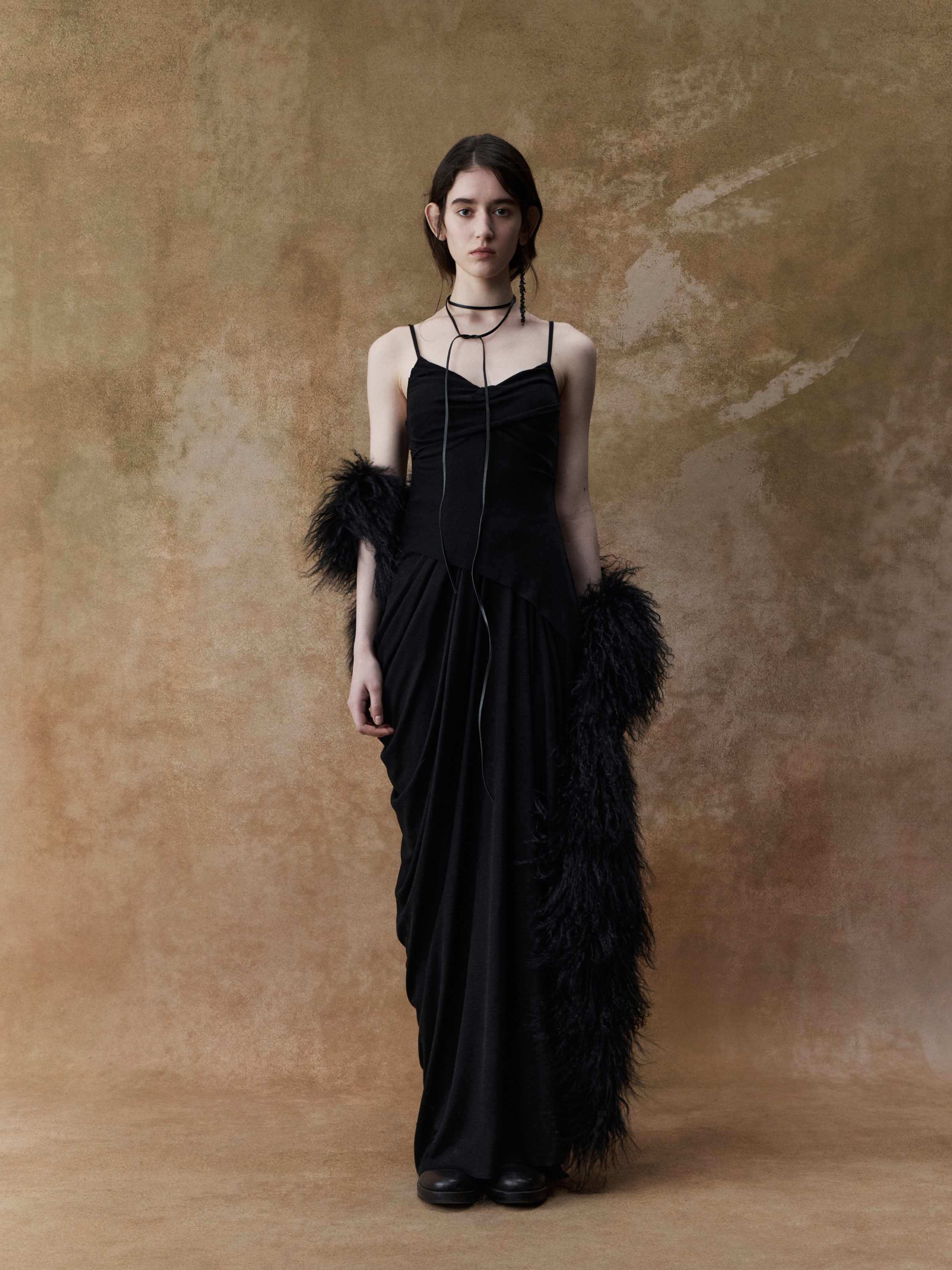 Black Knit Dotted Strap Long Dress