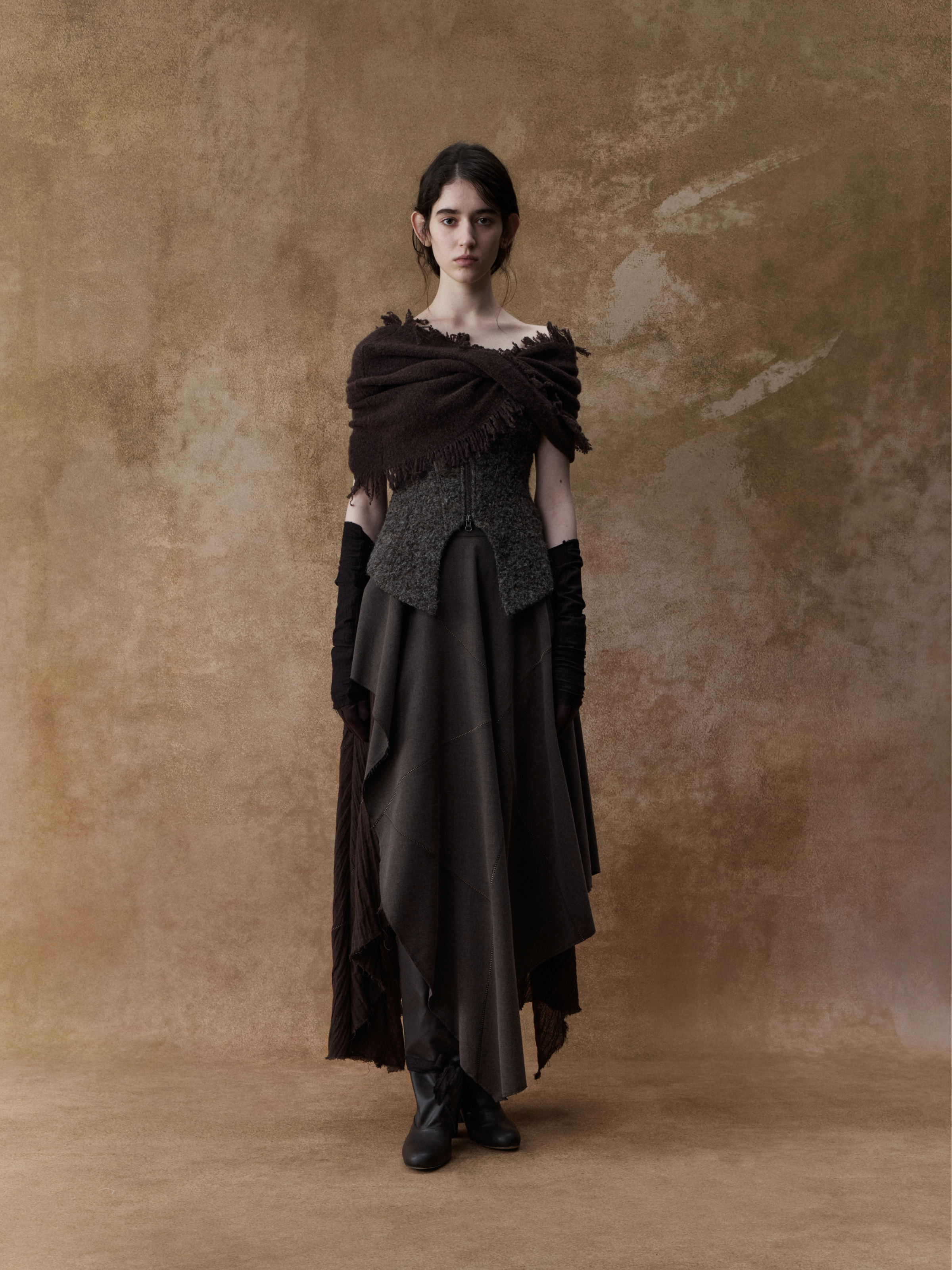 Dark Brown Double-layer Panelled Midi skirt