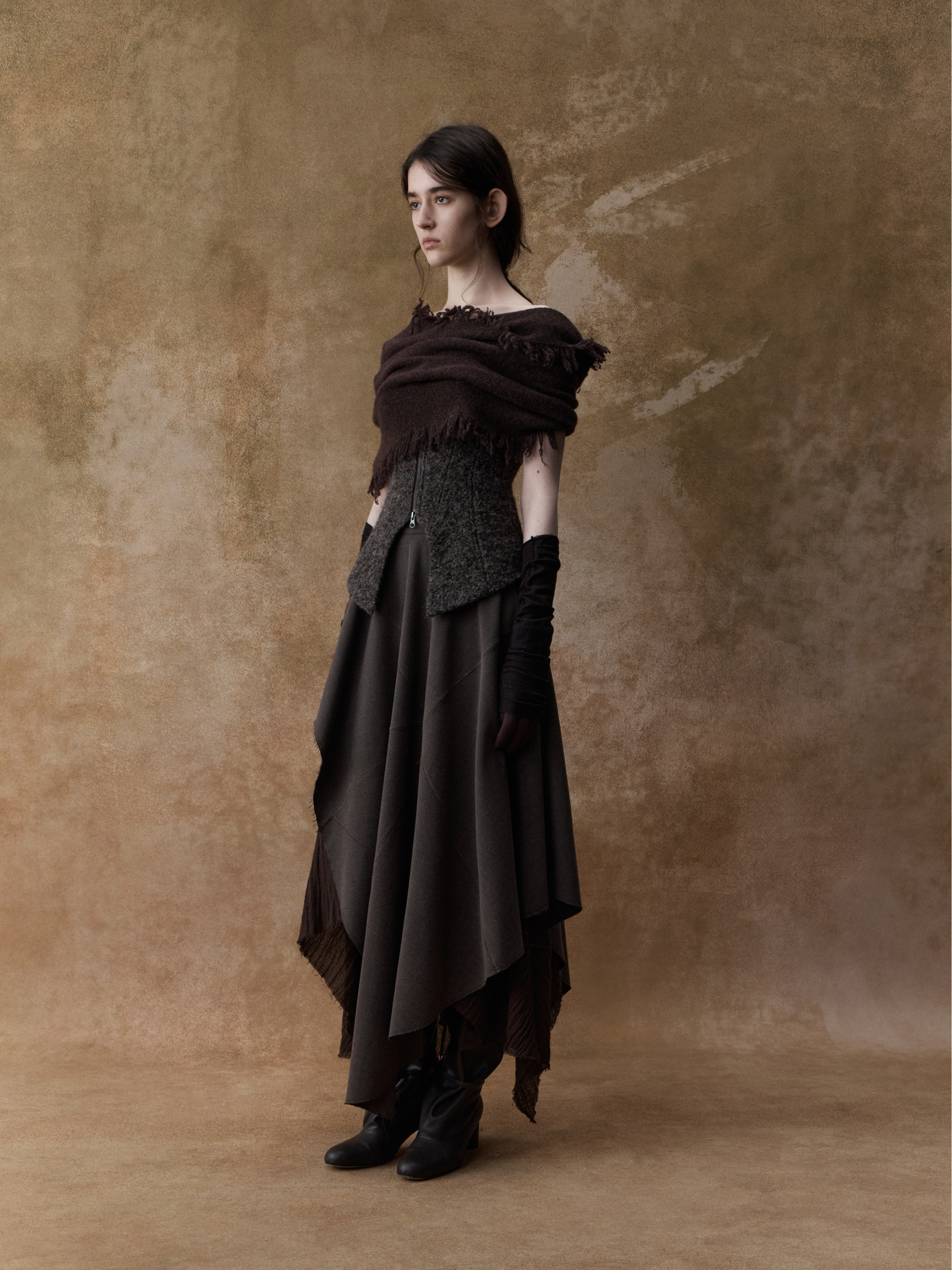 Dark Brown Double-layer Panelled Midi skirt