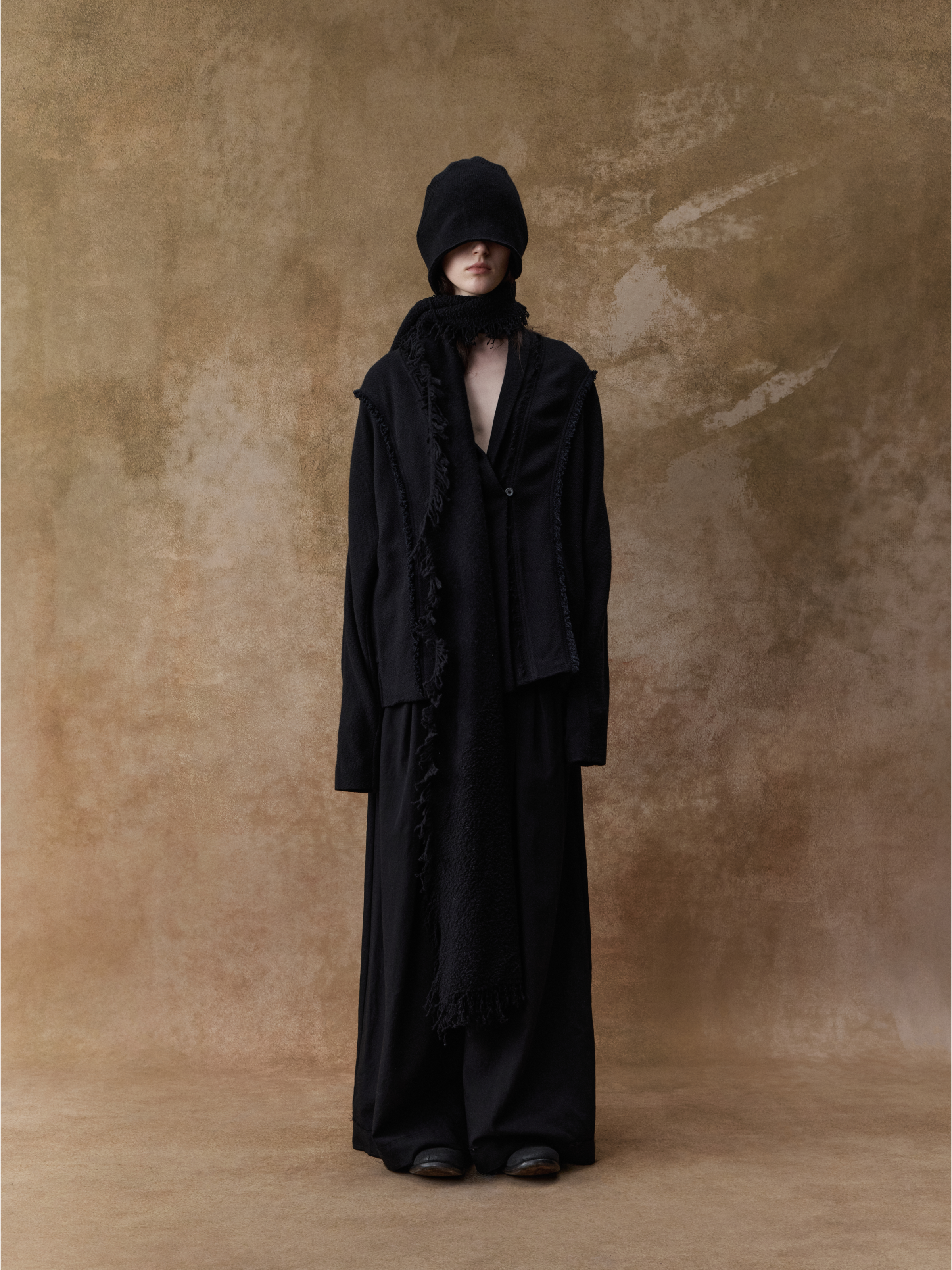 Black Wool Panelled Frayed Edge Short Cardigan