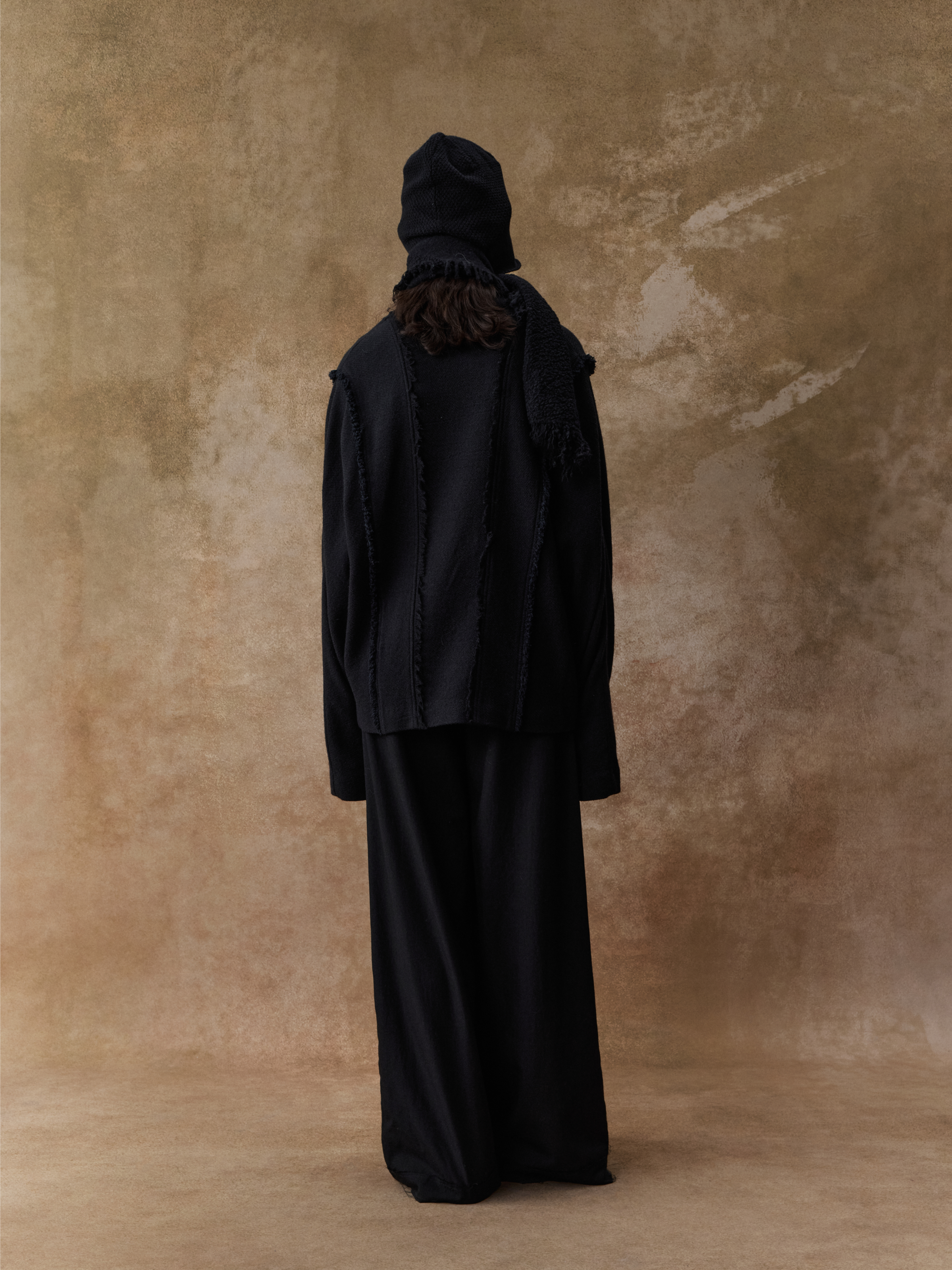 Black Wool Panelled Frayed Edge Short Cardigan