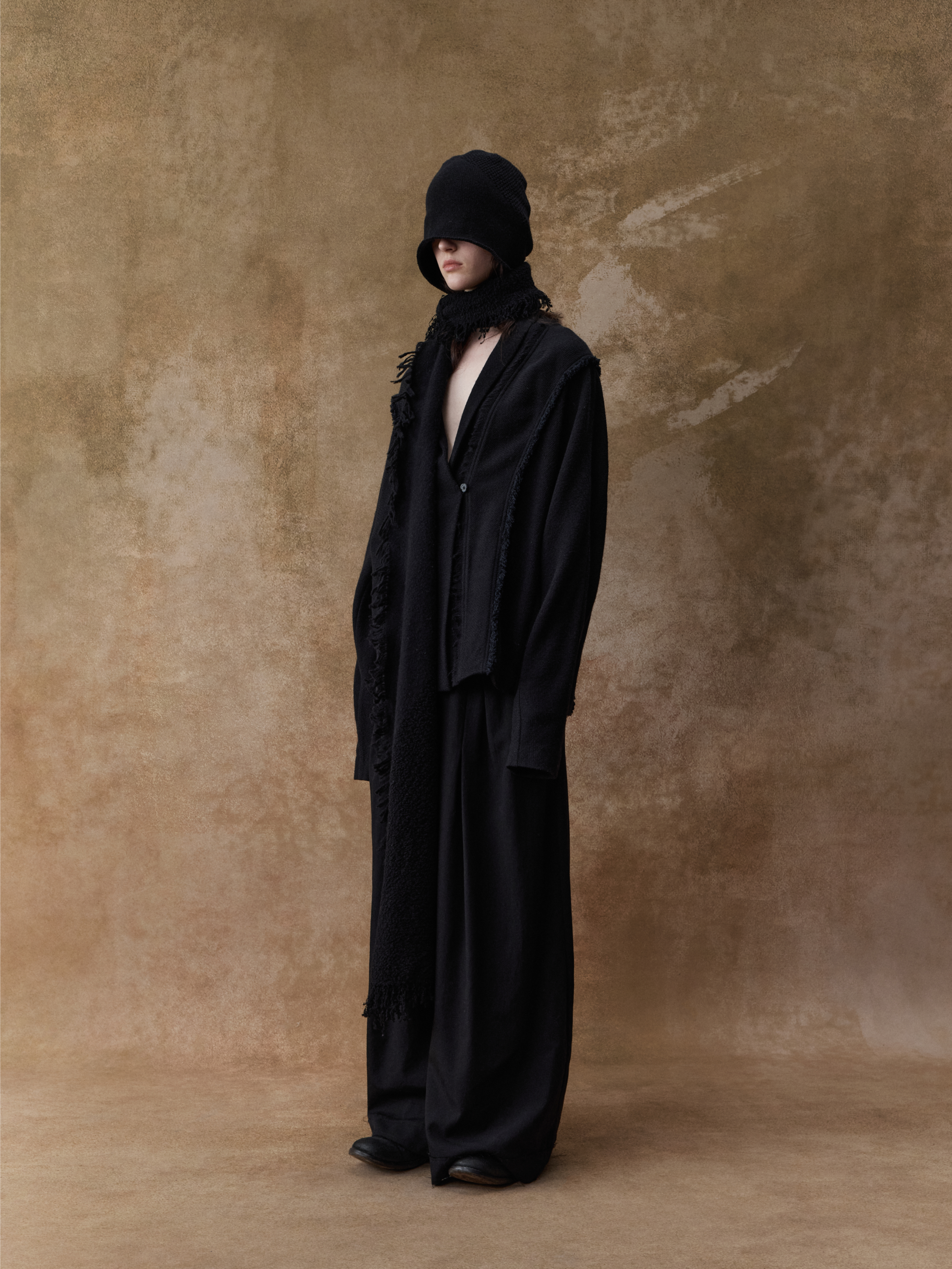 Black Wool Panelled Frayed Edge Short Cardigan