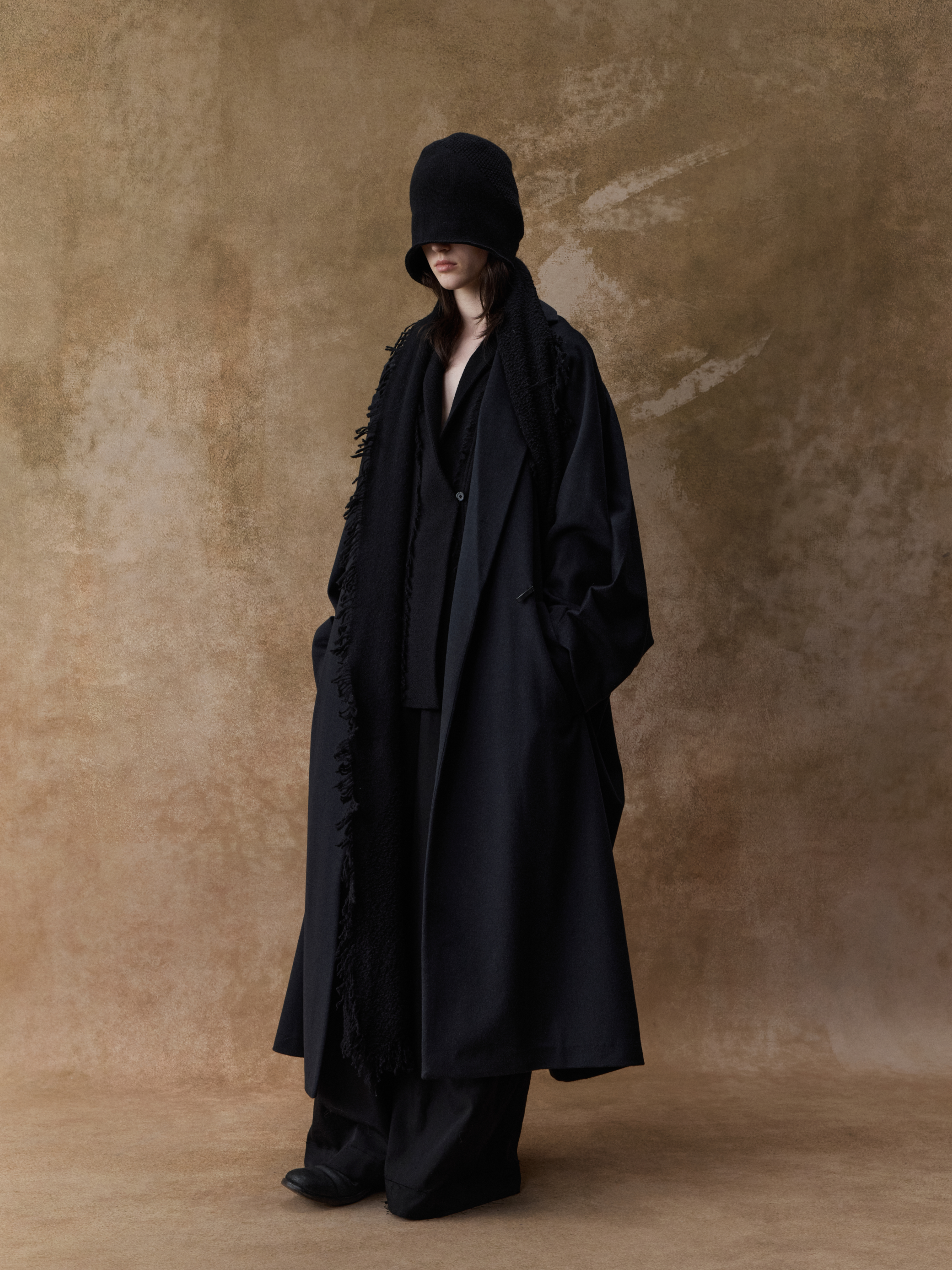 Black Cashmere Scimitar Sleeve Coat