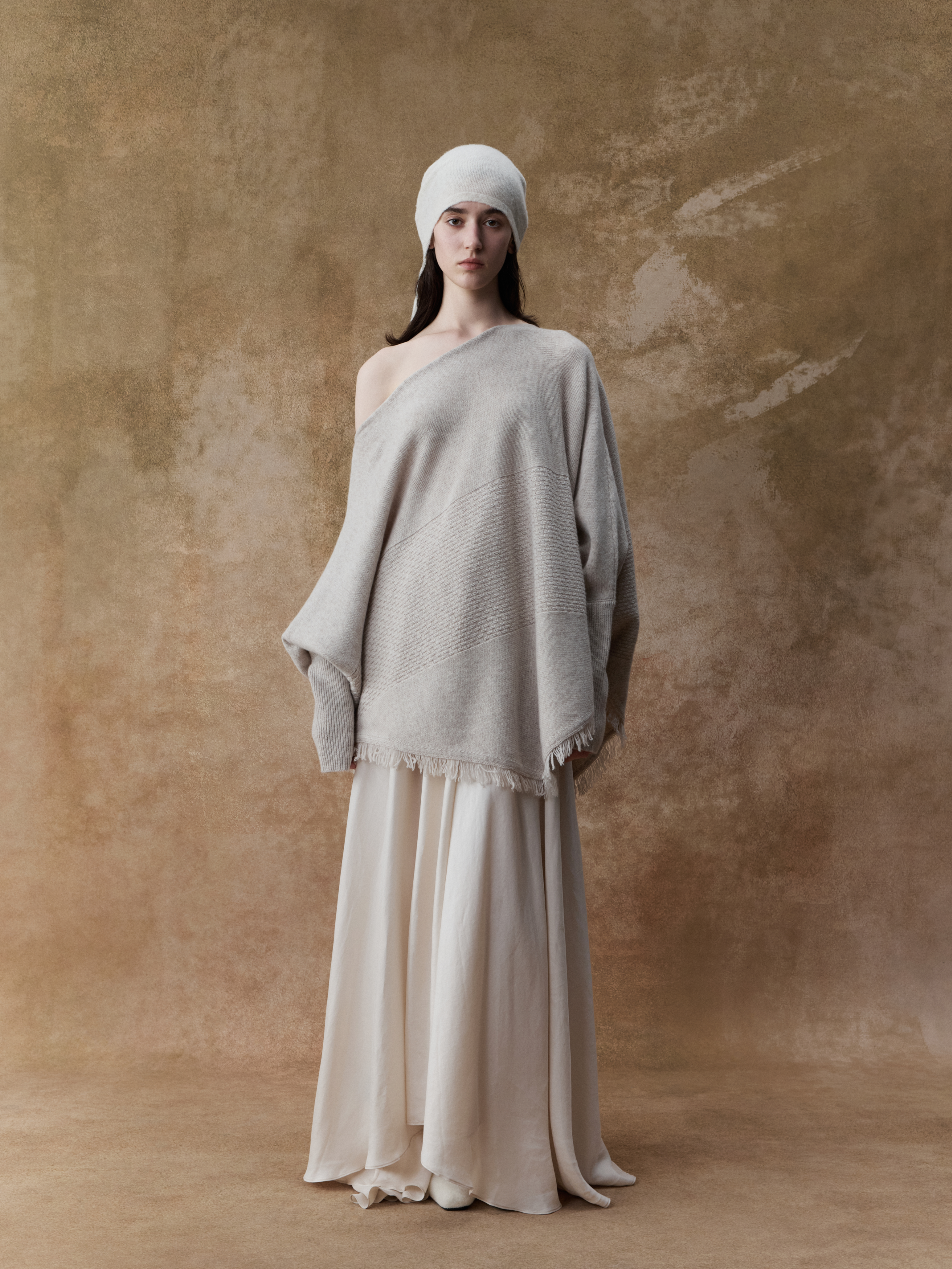 Beige Textured Panelled Sweater