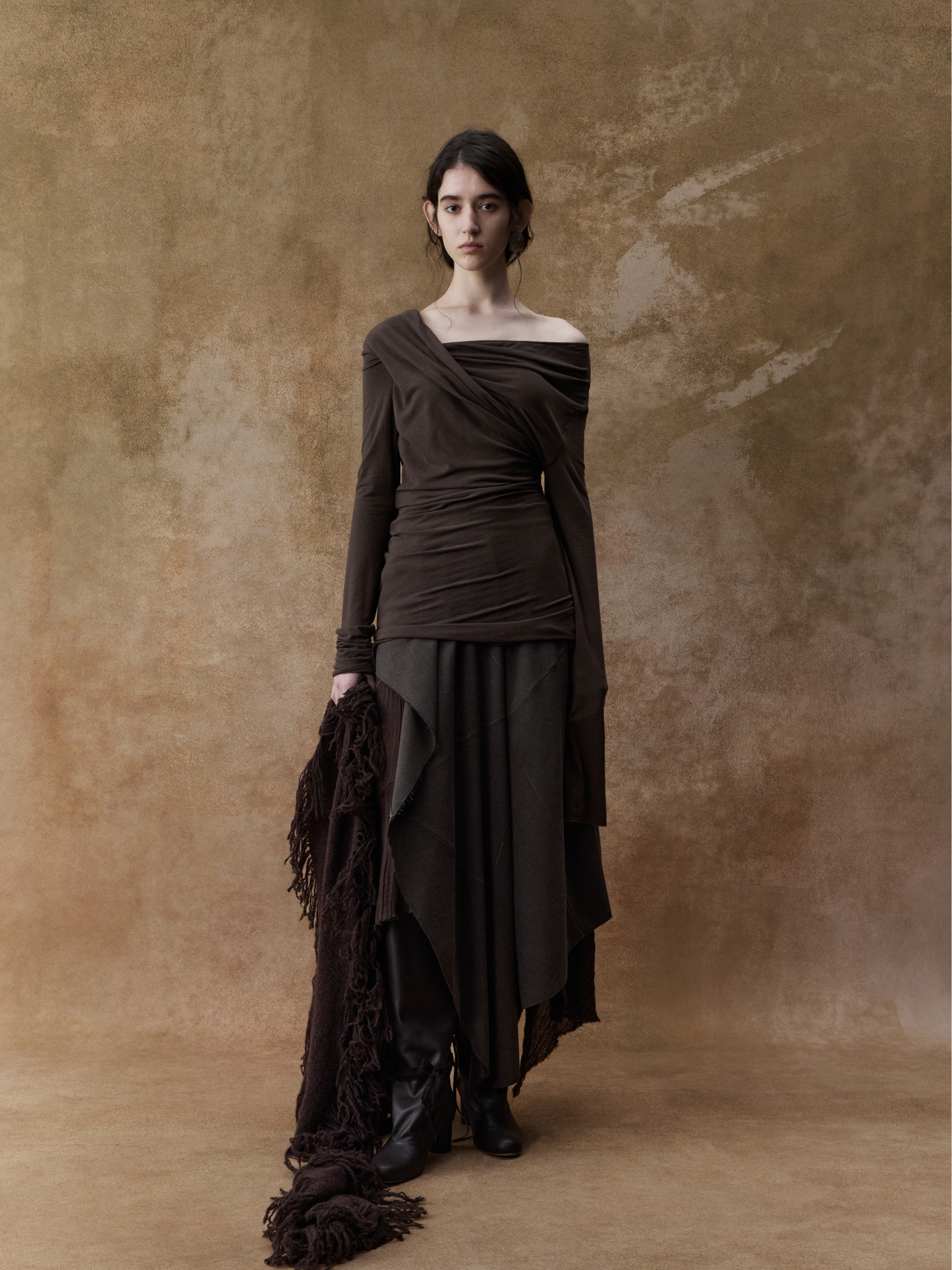 Dark Khaki Off-Shoulder Pleated Top