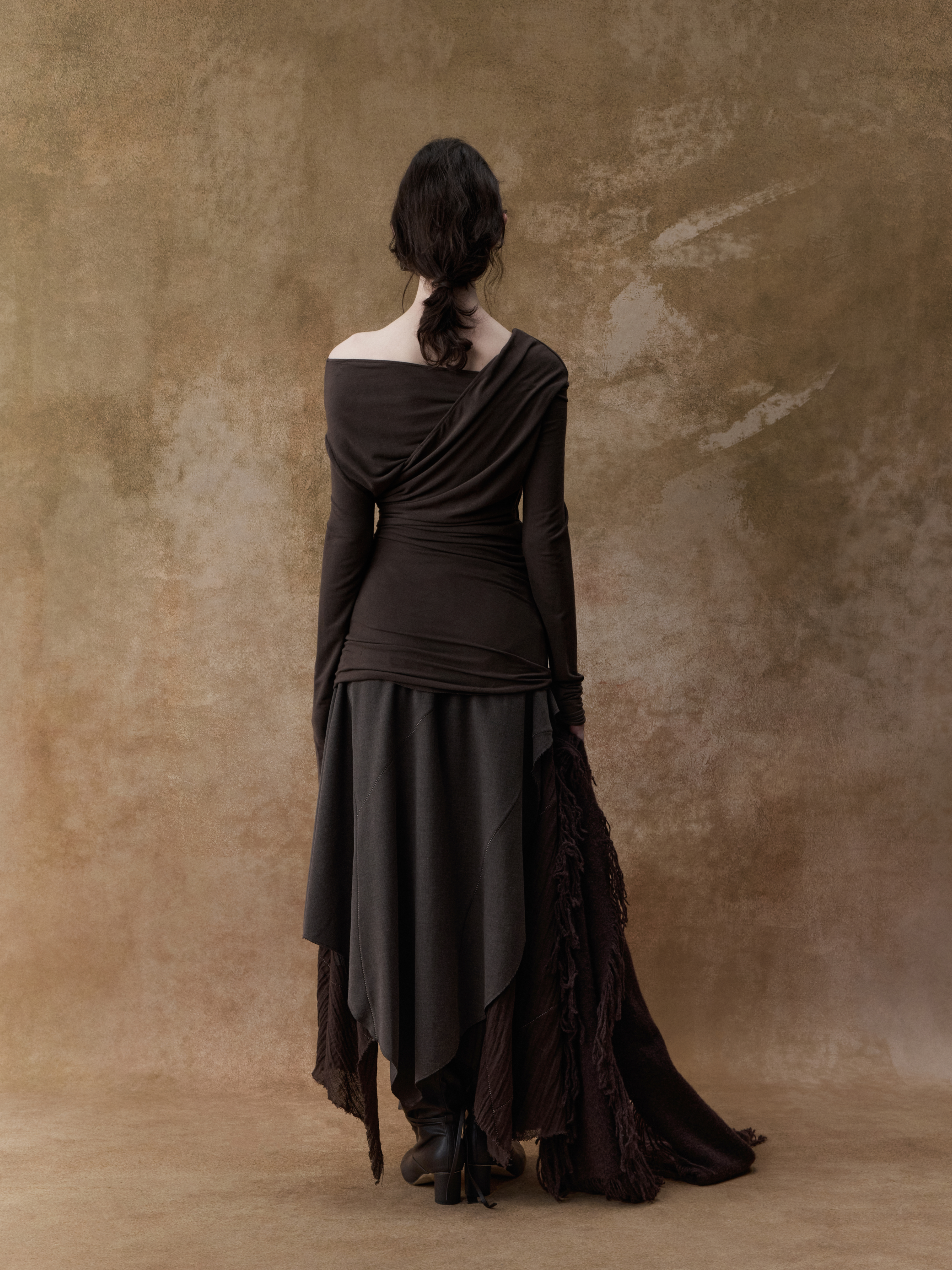 Dark Khaki Off-Shoulder Pleated Top