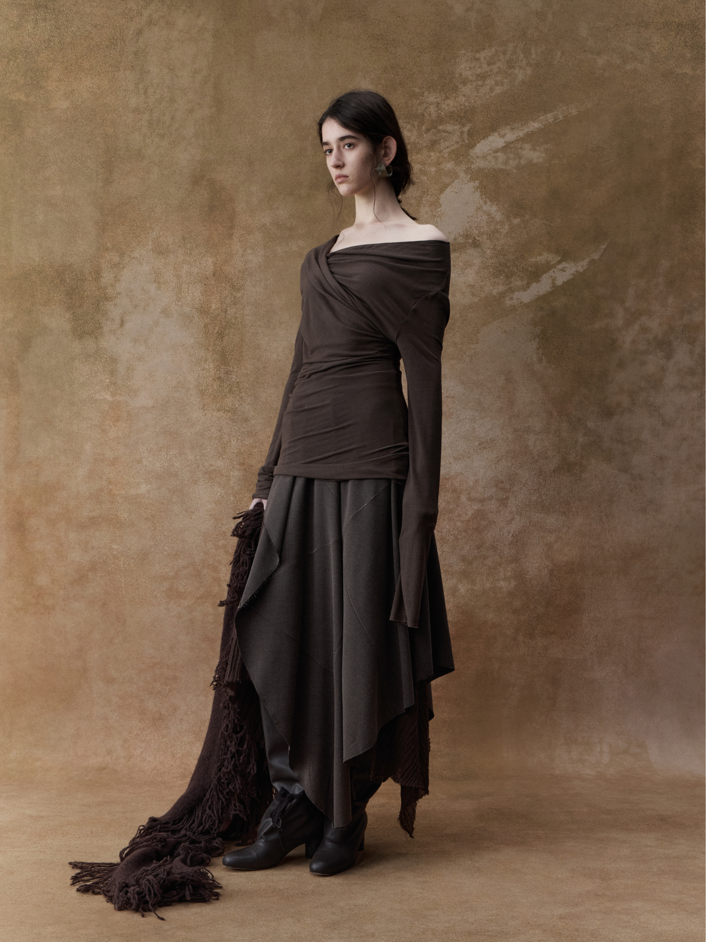 Dark Khaki Off-Shoulder Pleated Top