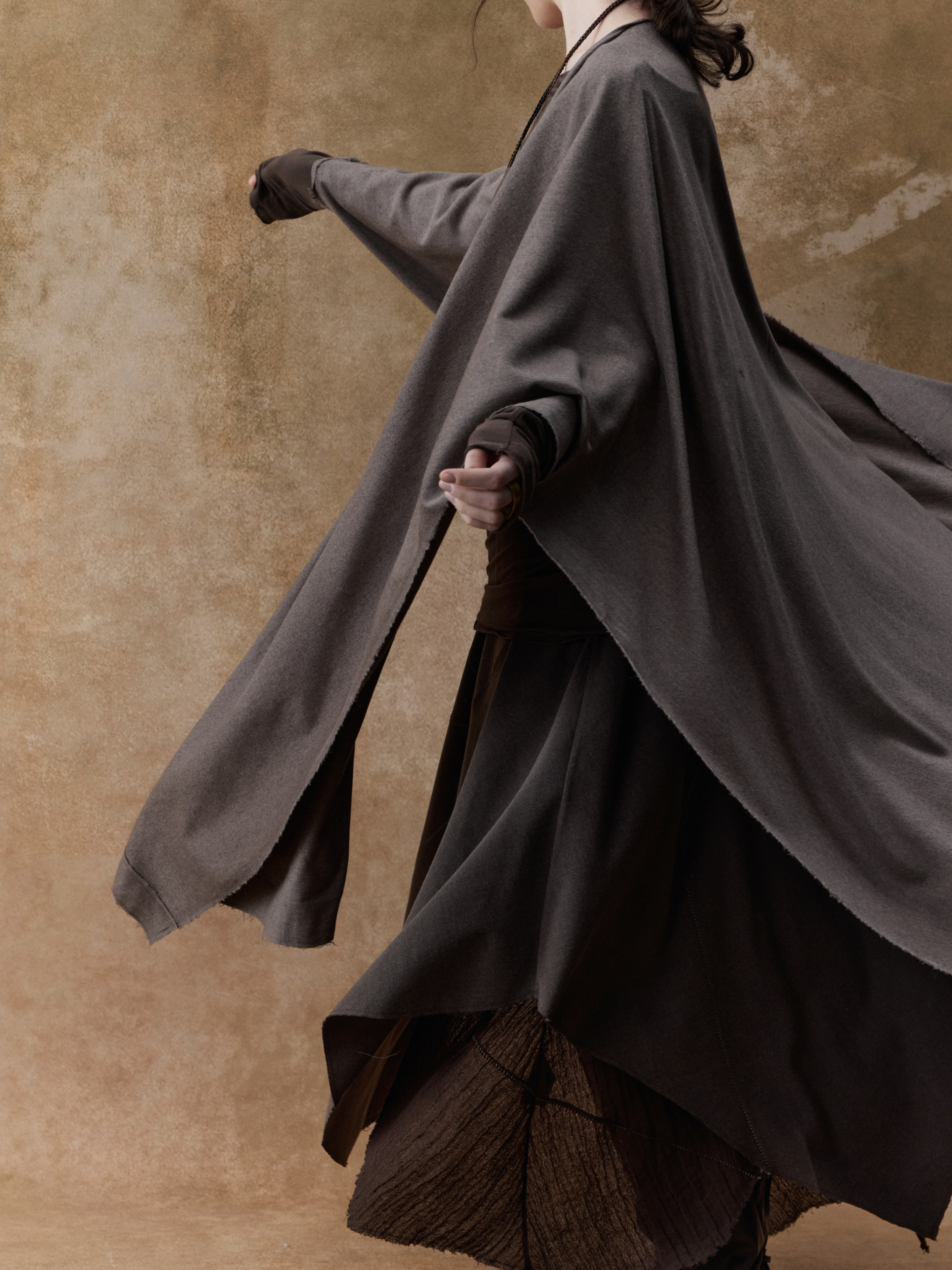 Camel Grey Batwing Sleeve Cape