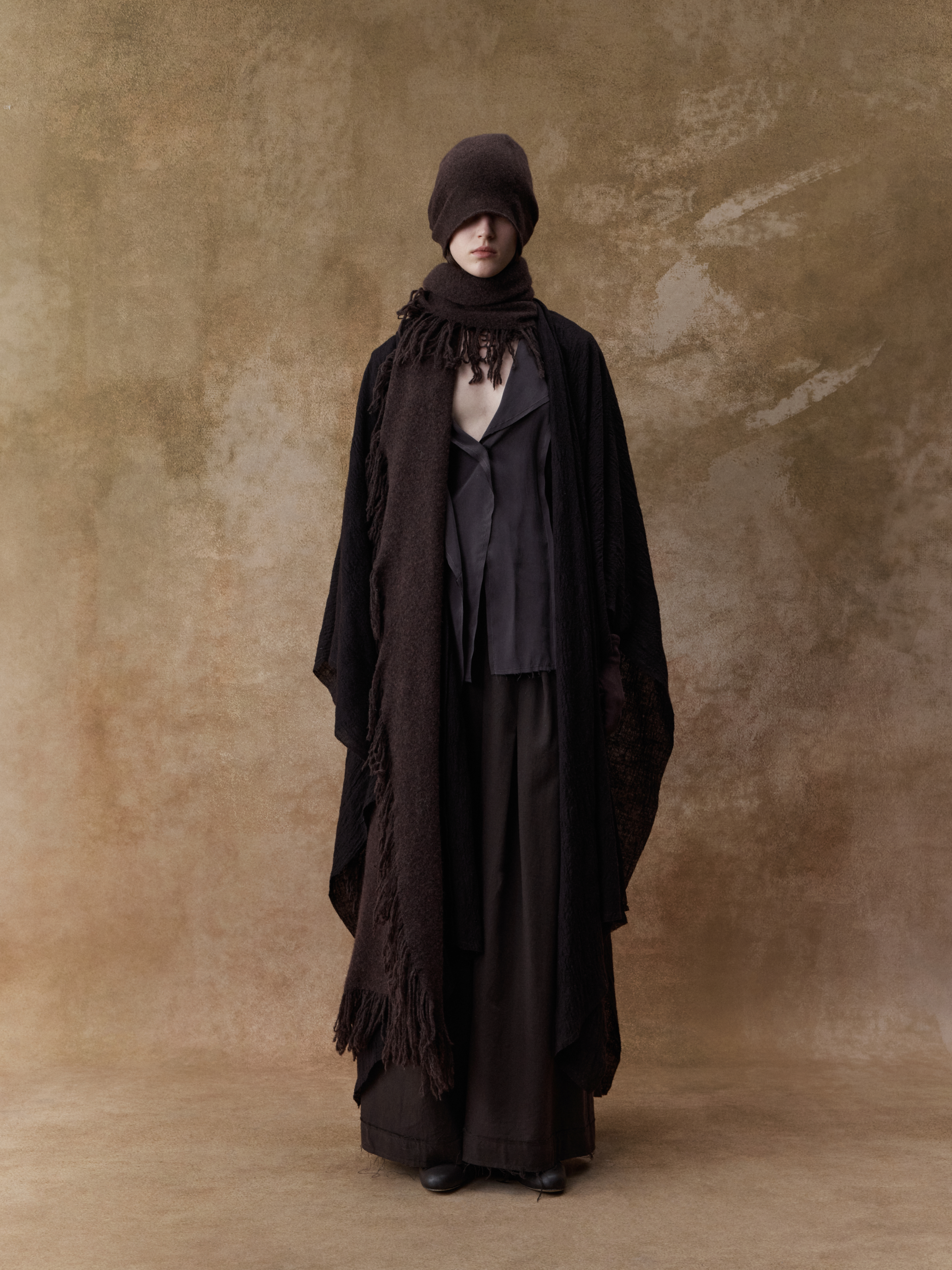 Dark Brown Pleated Wool Cape