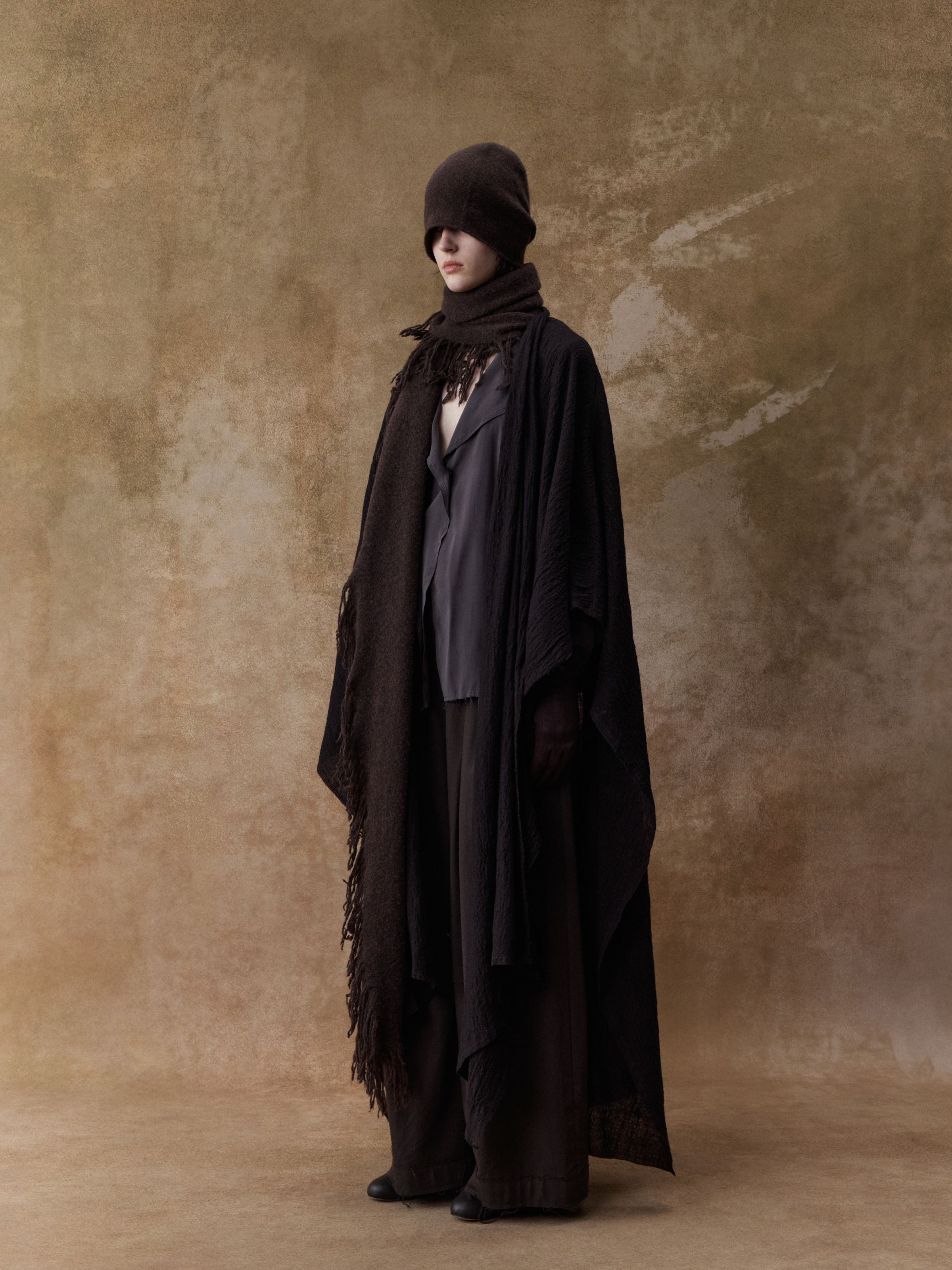 Dark Brown Pleated Wool Cape