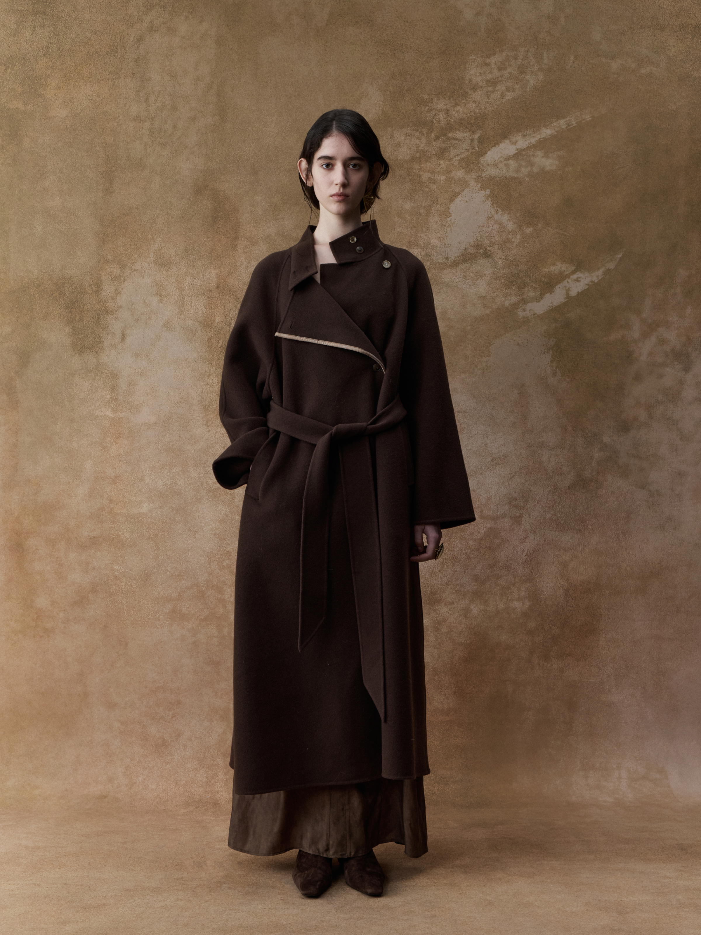 Coffee Contrasting Belted Coat