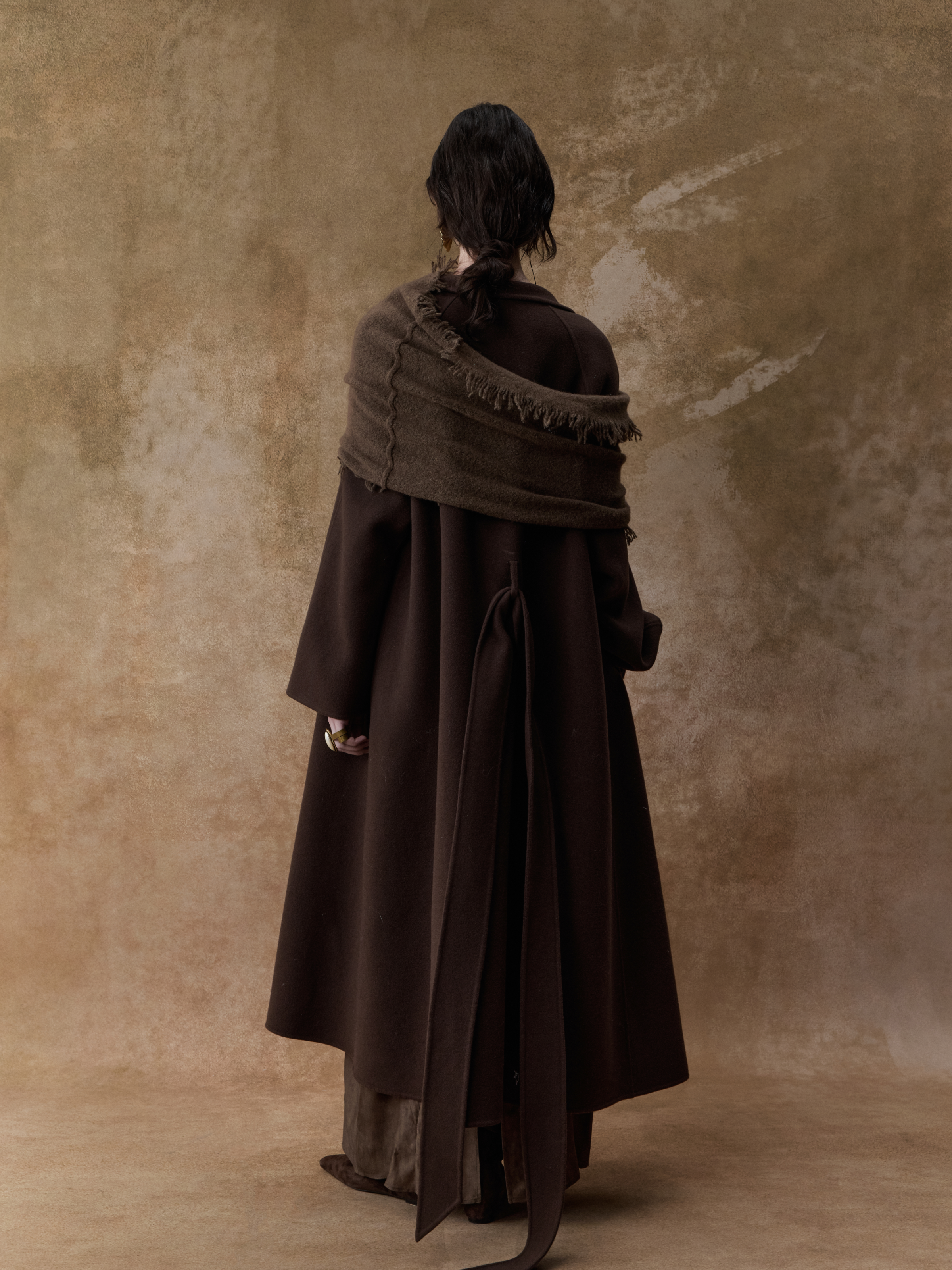 Coffee Contrasting Belted Coat