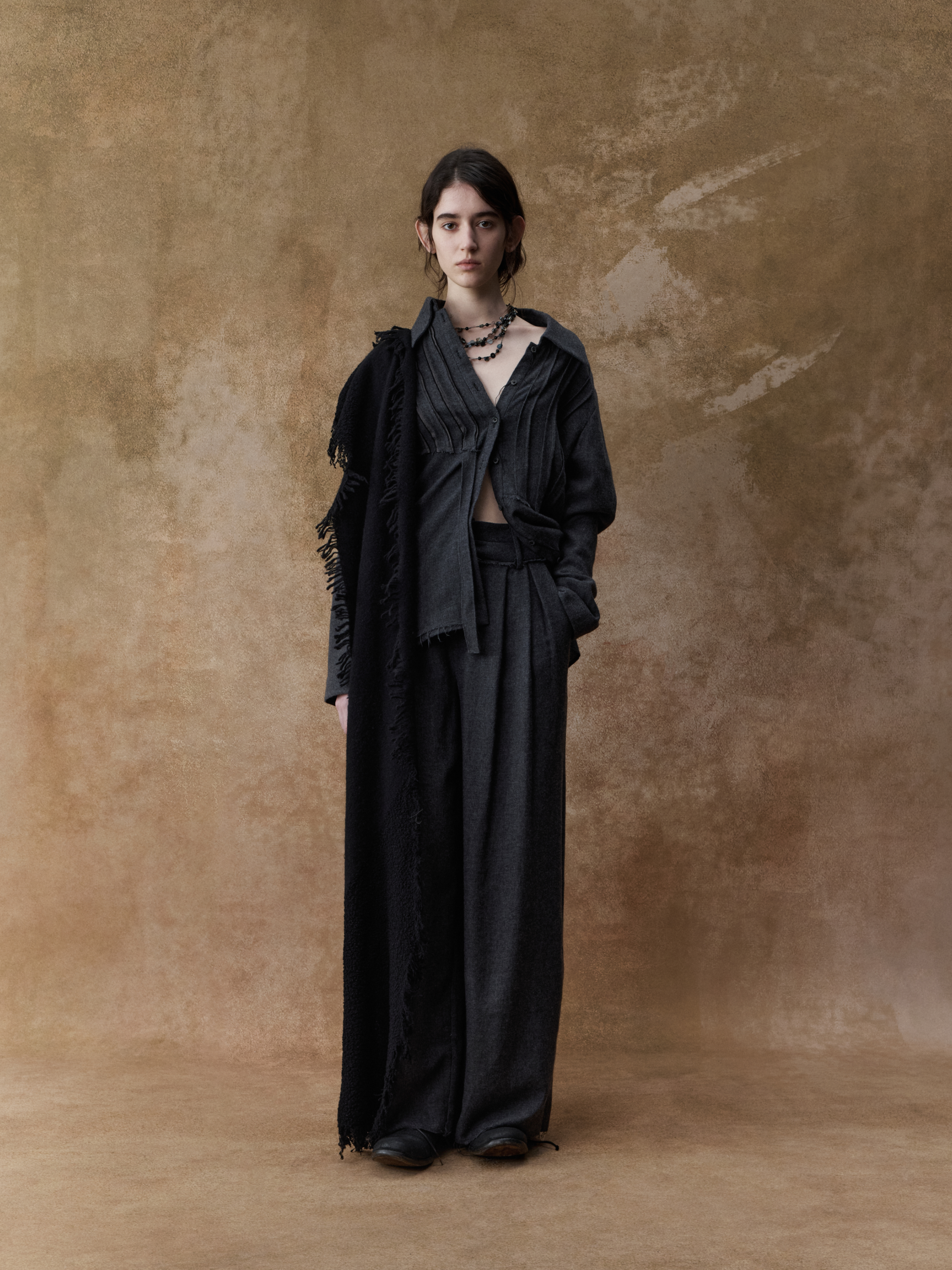 Dark Grey Wool Pleated Asymmetric Shirt