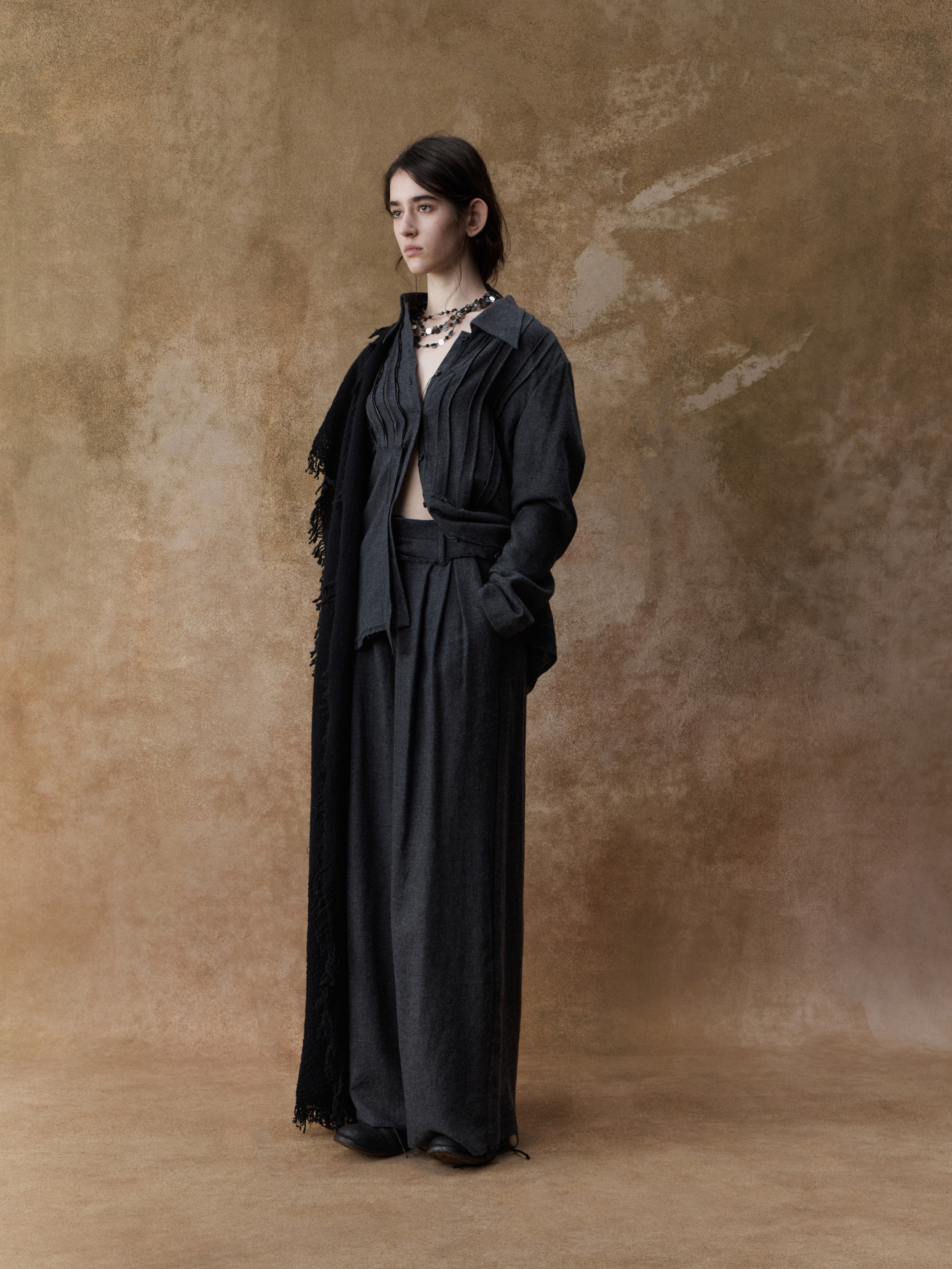 Dark Grey Wool Pleated Asymmetric Shirt